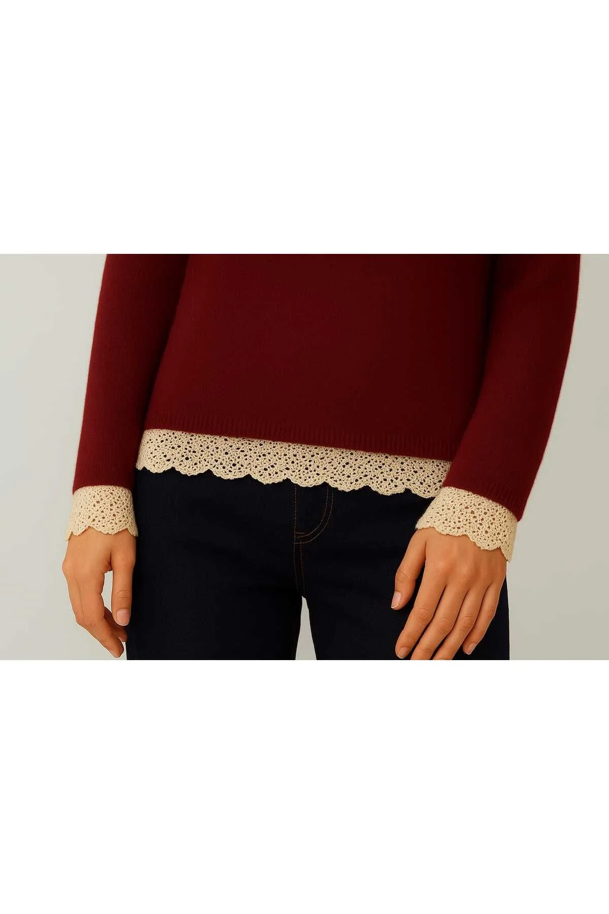 Kadın Bordo Güpürlü Dantelli Oymalı Bisiklet Yaka Uzun Kollu Şık Bluz