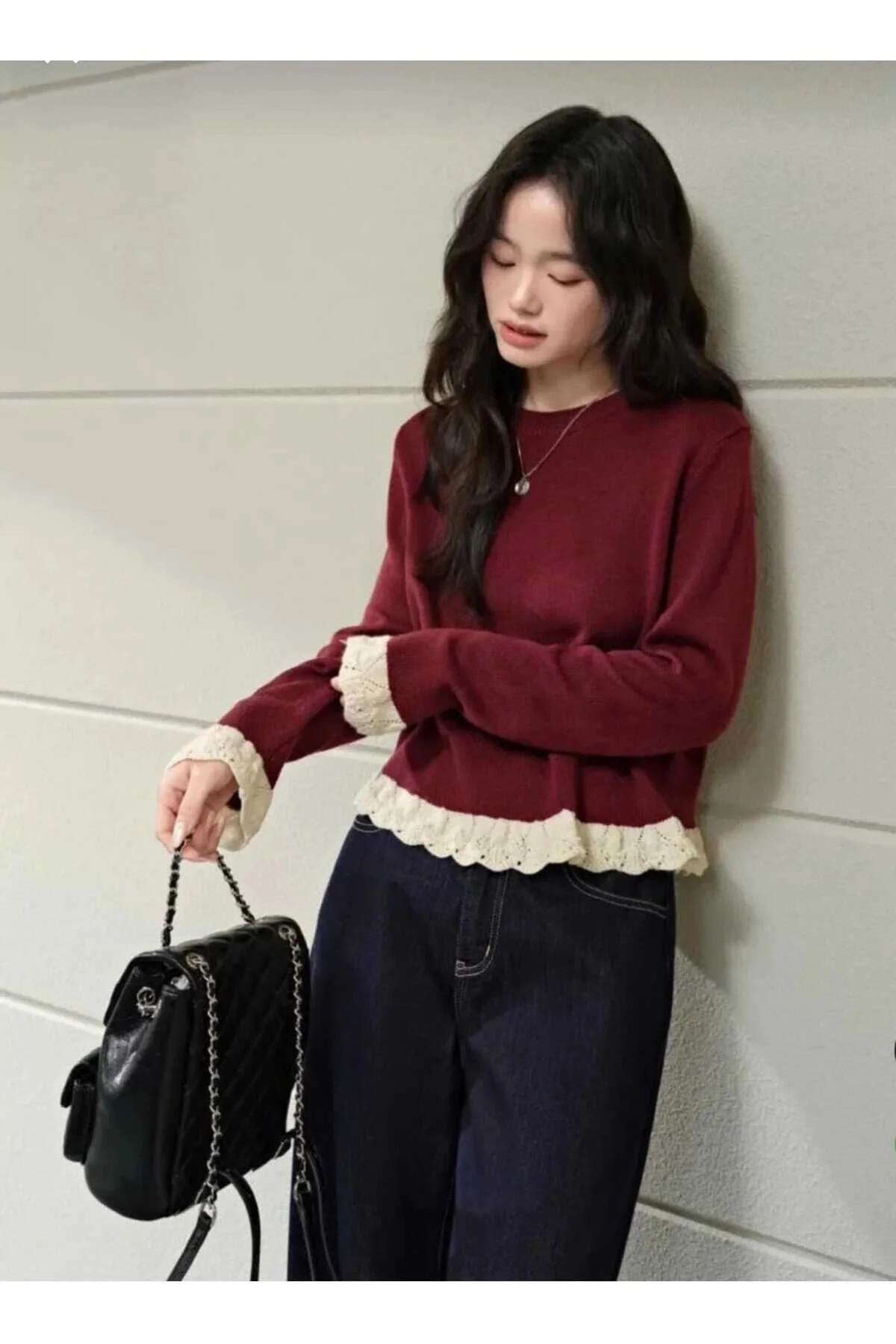 Kadın Bordo Güpürlü Dantelli Oymalı Bisiklet Yaka Uzun Kollu Şık Bluz