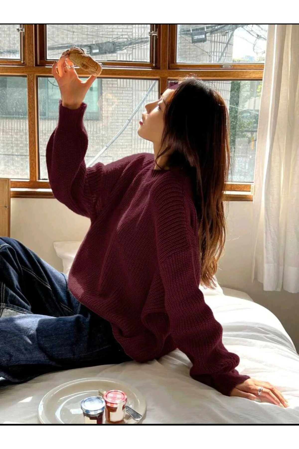 Kadın Bordo Selanik Örgü Bisiklet Yaka Oversize Salaş Triko Kazak