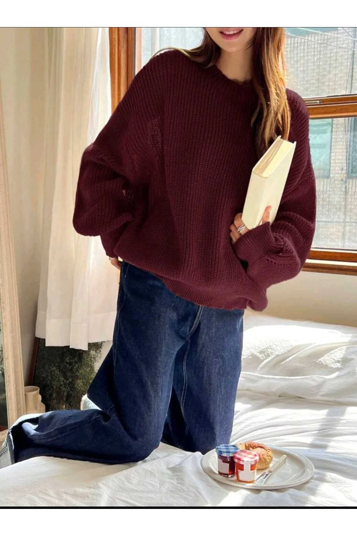 Kadın Bordo Selanik Örgü Bisiklet Yaka Oversize Salaş Triko Kazak