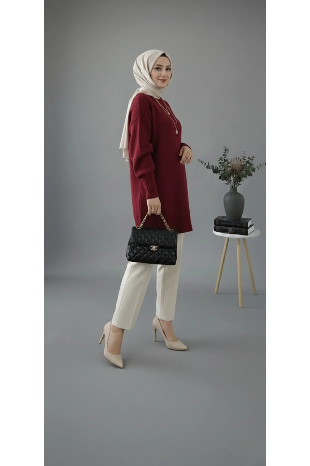 Kadın Bordo Bisiklet Yaka Oversize Triko Tunik Kazak