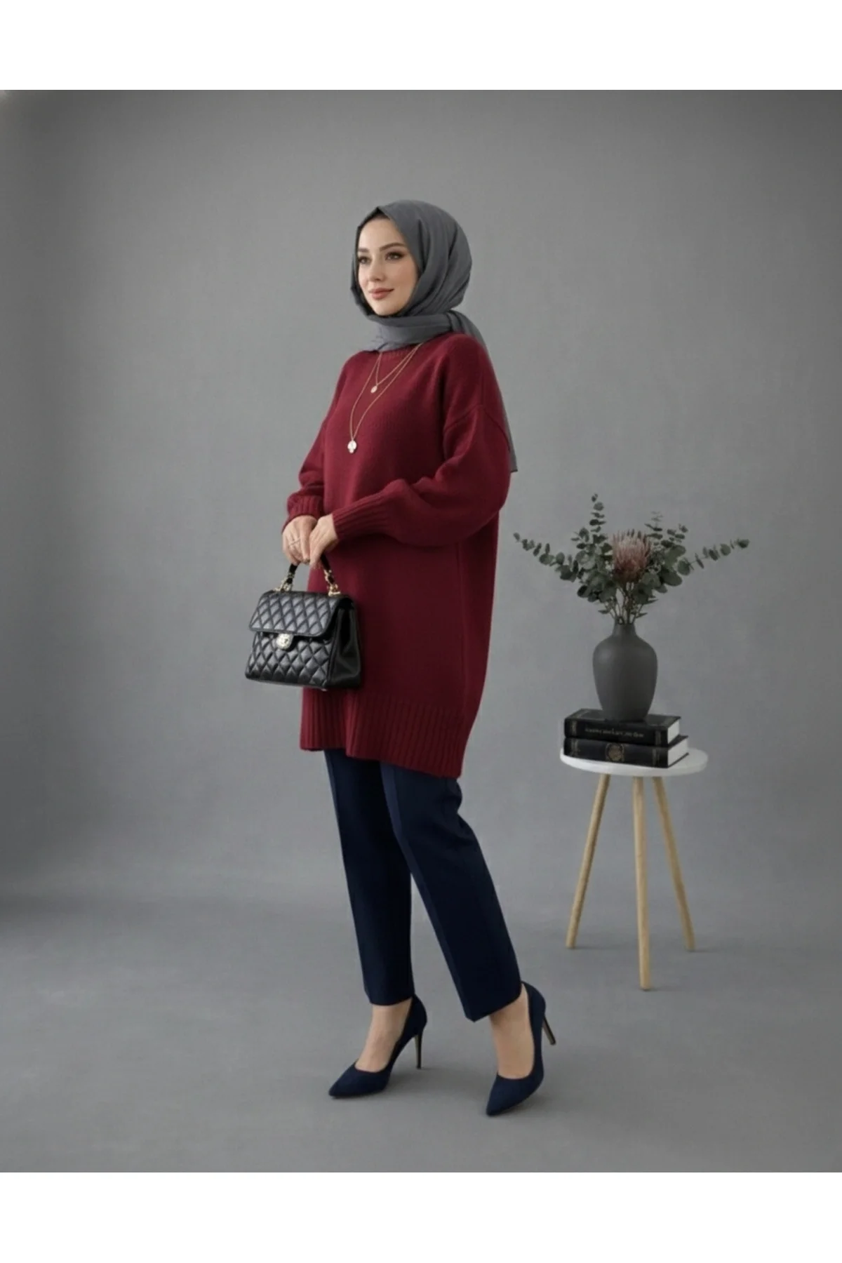 Kadın Bordo Bisiklet Yaka Oversize Triko Tunik Kazak