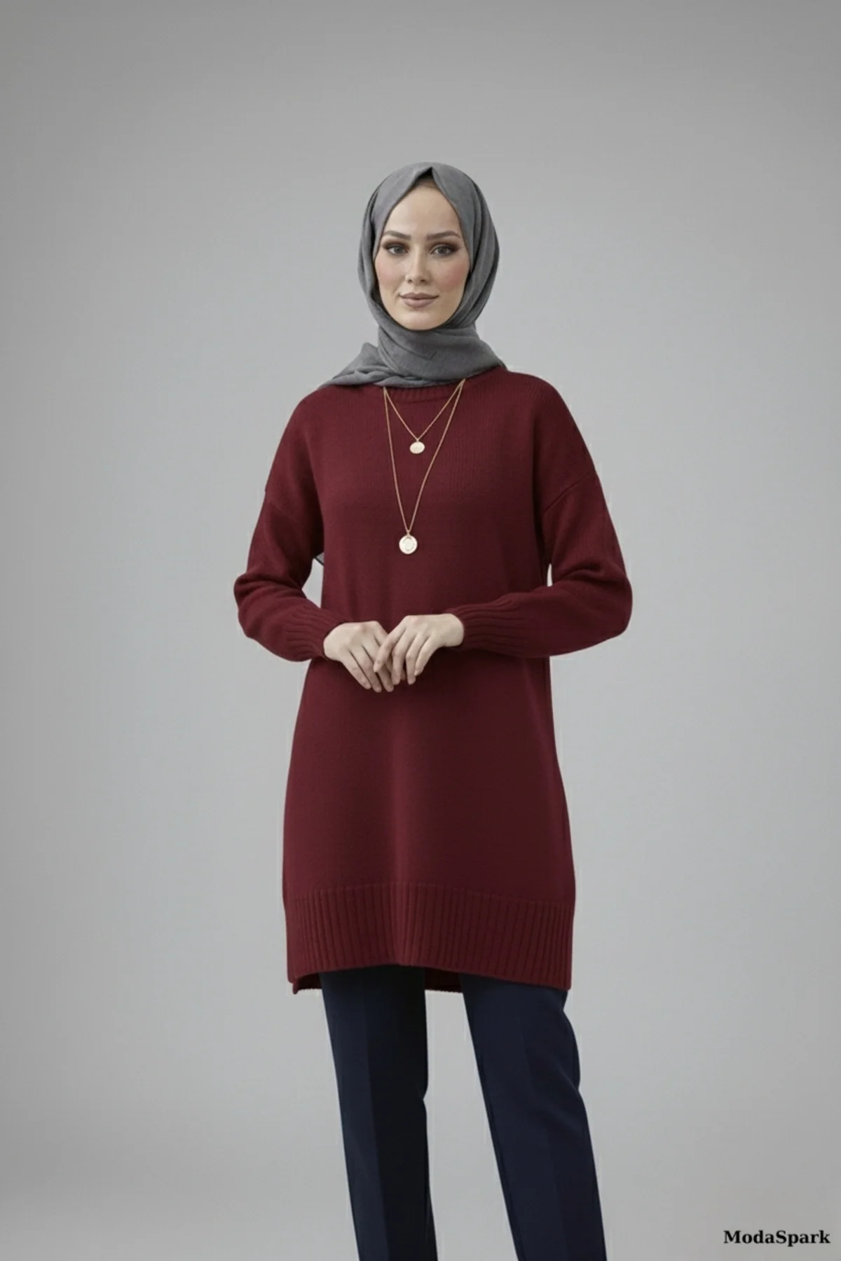 Kadın Bordo Bisiklet Yaka Oversize Triko Tunik Kazak