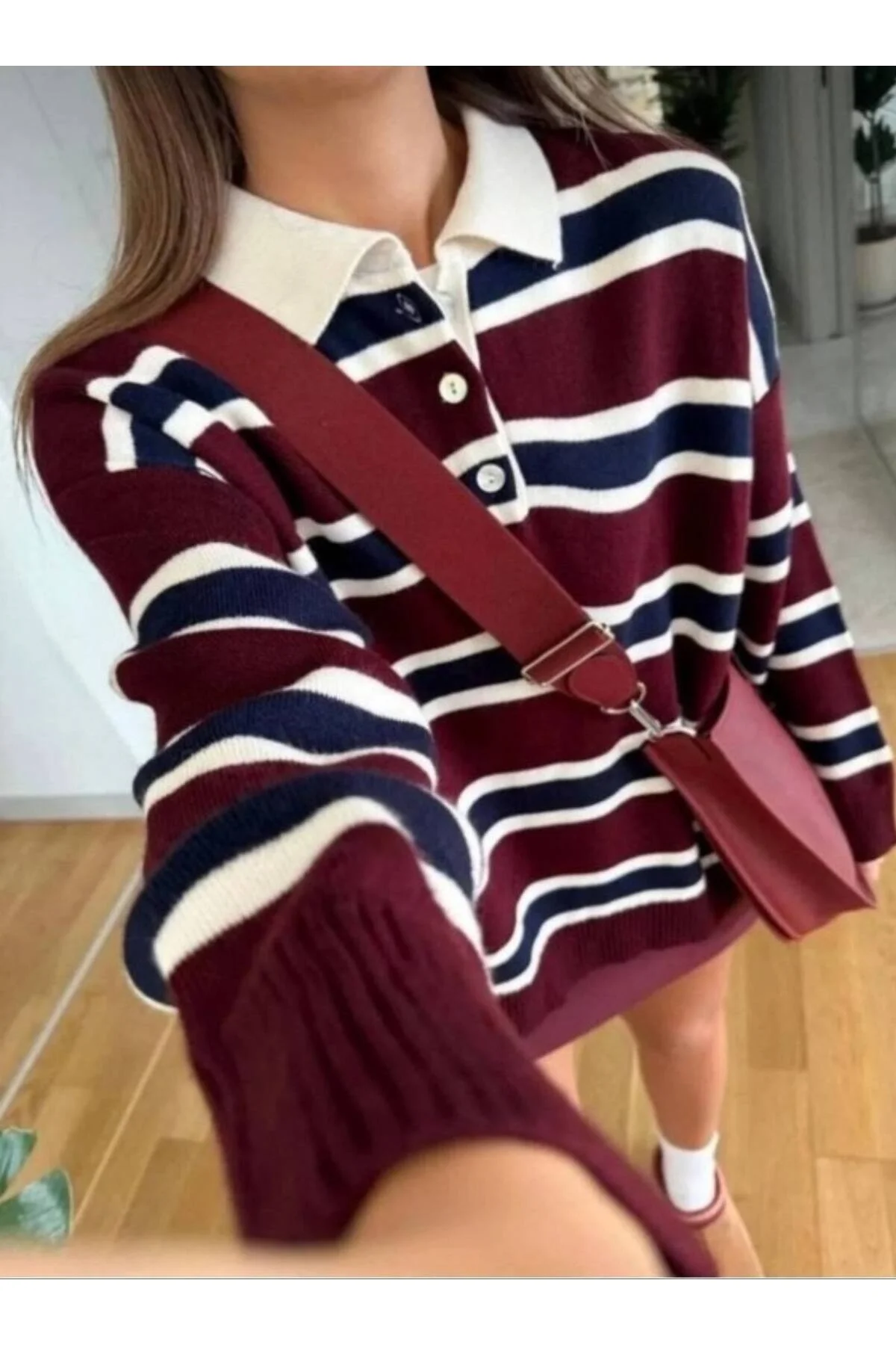 Kadın Bordo Polo Yaka Çizgili Düğmeli Oversize Triko Kazak