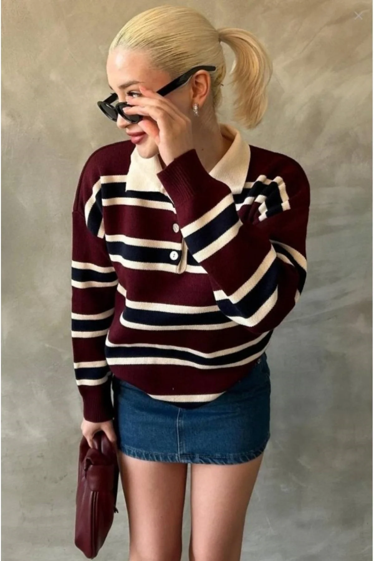 Kadın Bordo Polo Yaka Çizgili Düğmeli Oversize Triko Kazak