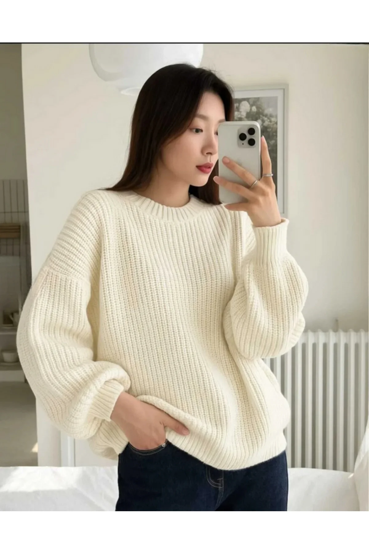 Kadın Ekru Selanik Örgü Bisiklet Yaka Oversize Balon Kol Triko Kazak