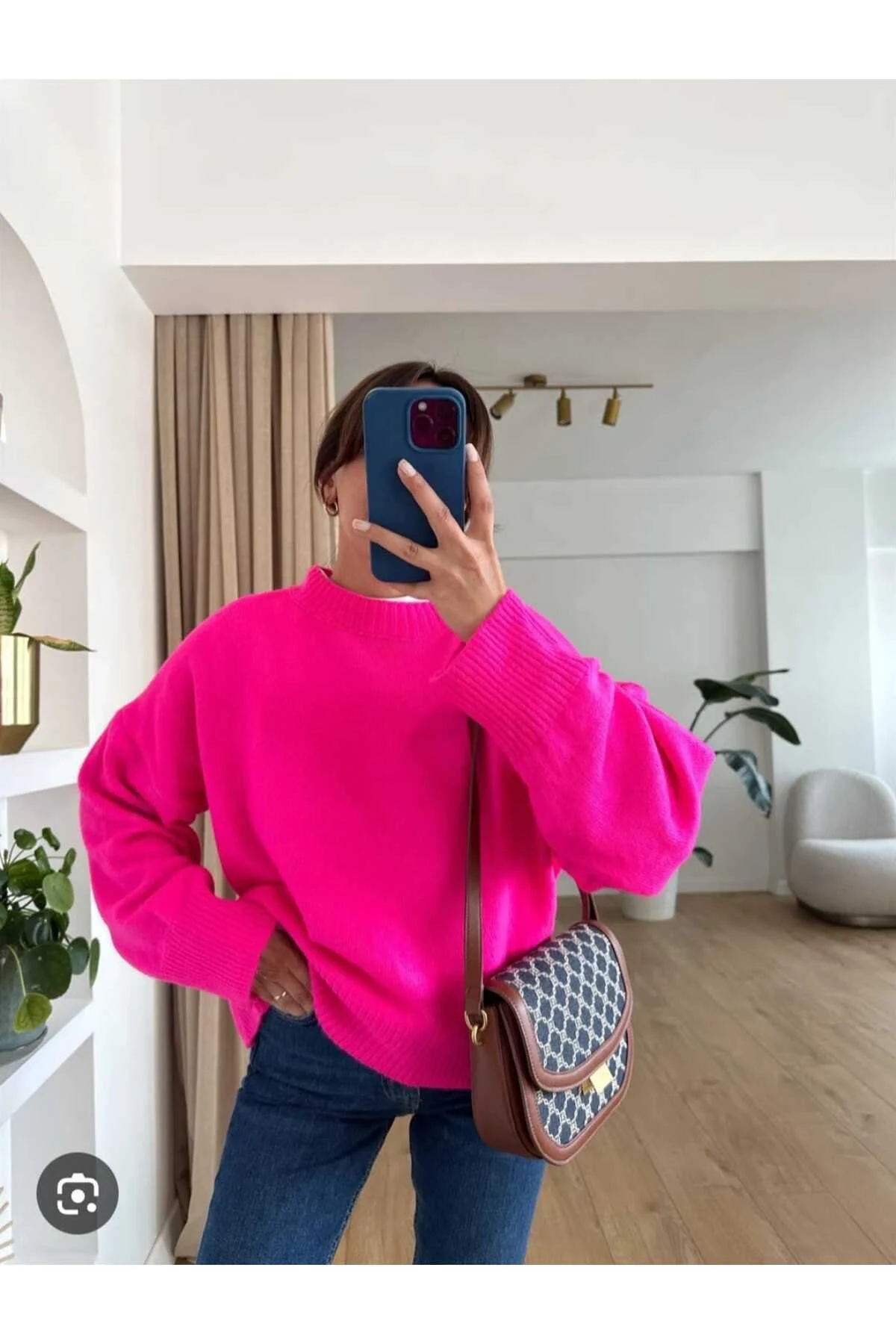 Kadın Pembe Bisiklet Yaka Balon Kol Oversize Triko Kazak