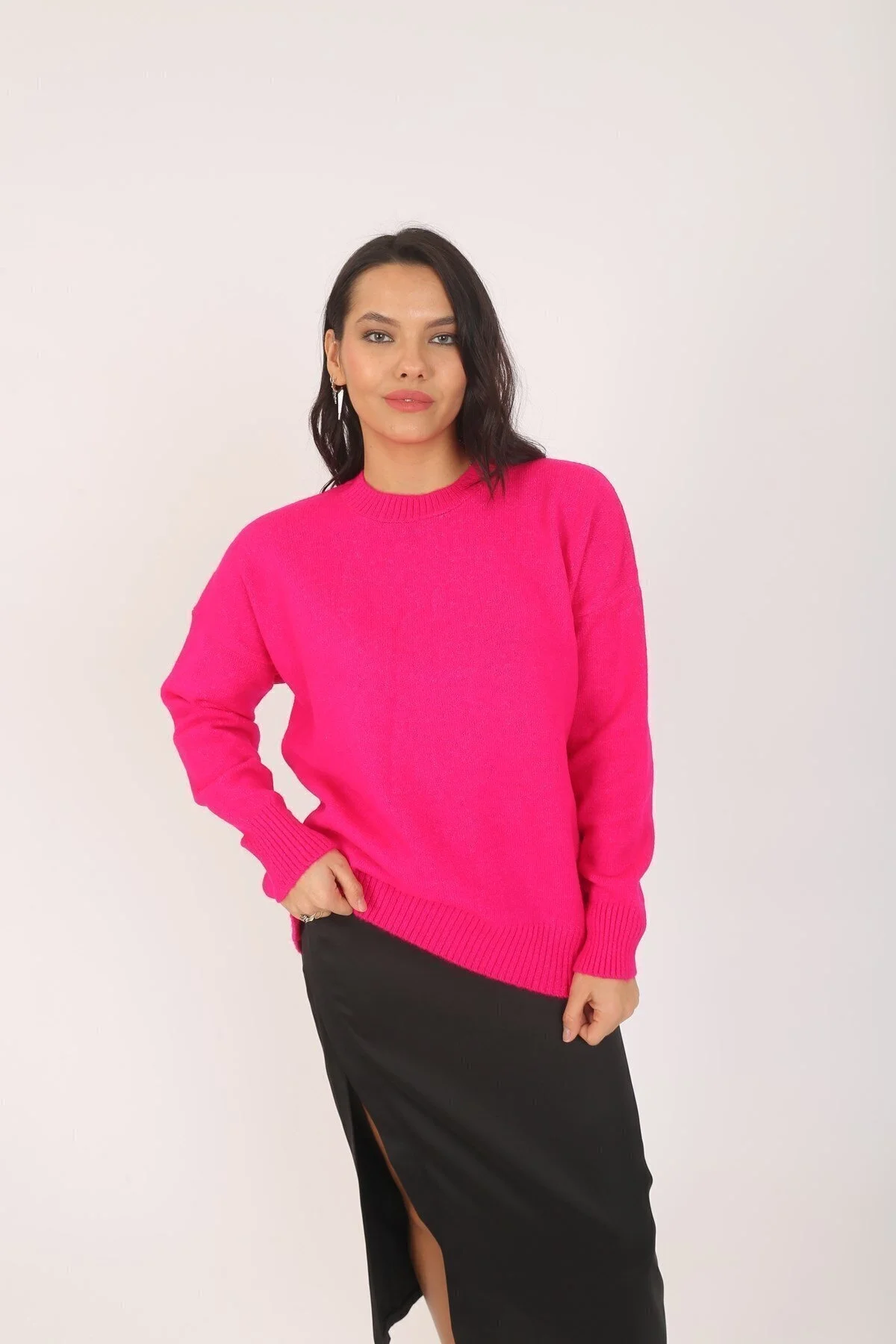 Kadın Pembe Bisiklet Yaka Balon Kol Oversize Triko Kazak