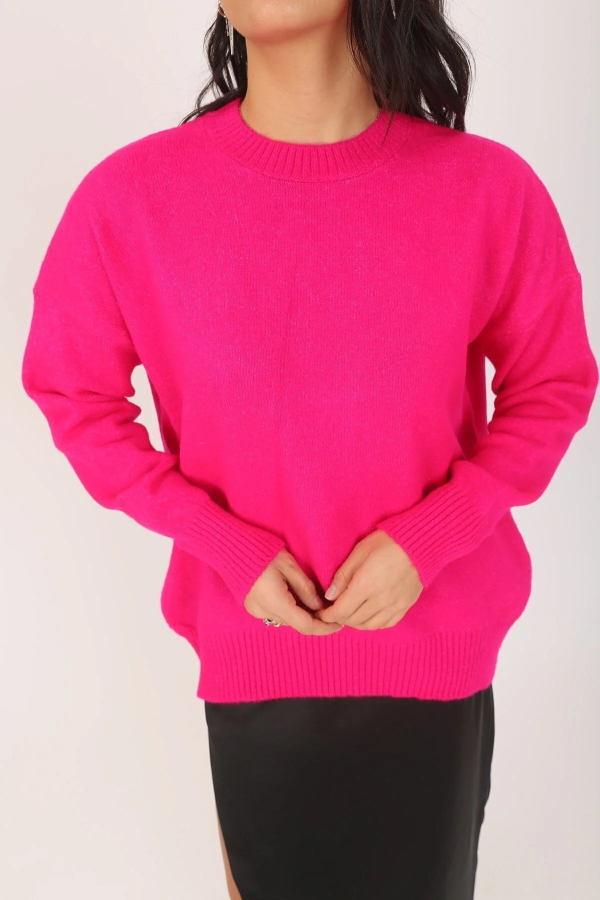 Kadın Pembe Bisiklet Yaka Balon Kol Oversize Triko Kazak