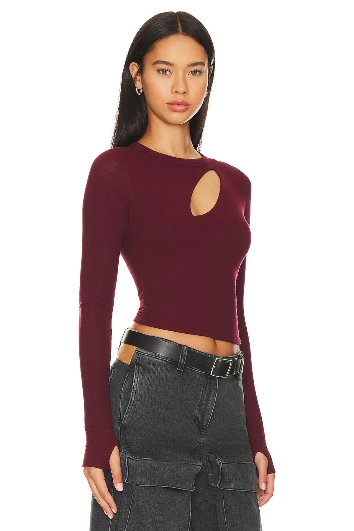 Kadın Bordo Pencere Dekolteli Uzun Kollu Parmak Geçmeli Sandy Kumaş Crop Bluz