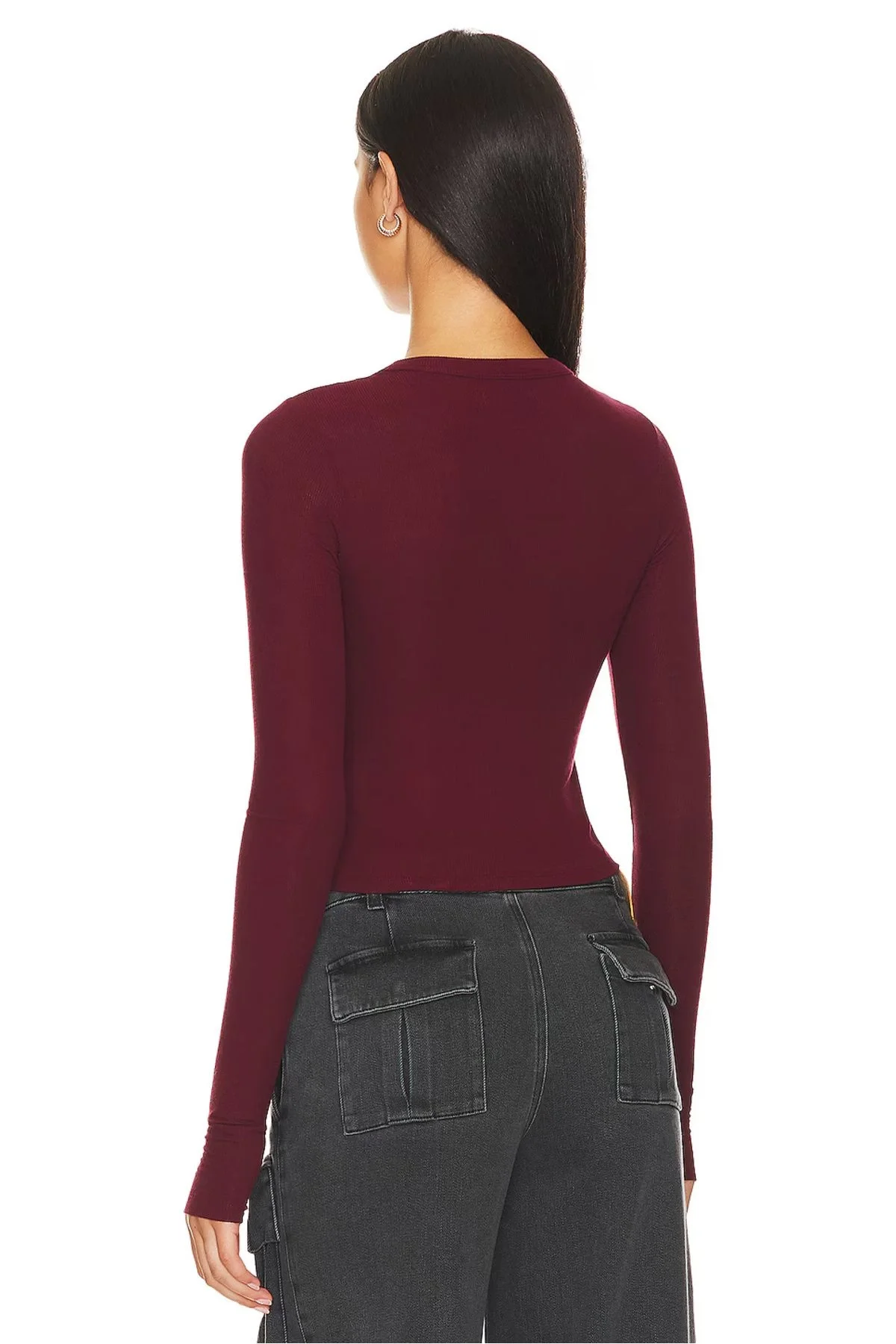 Kadın Bordo Pencere Dekolteli Uzun Kollu Parmak Geçmeli Sandy Kumaş Crop Bluz