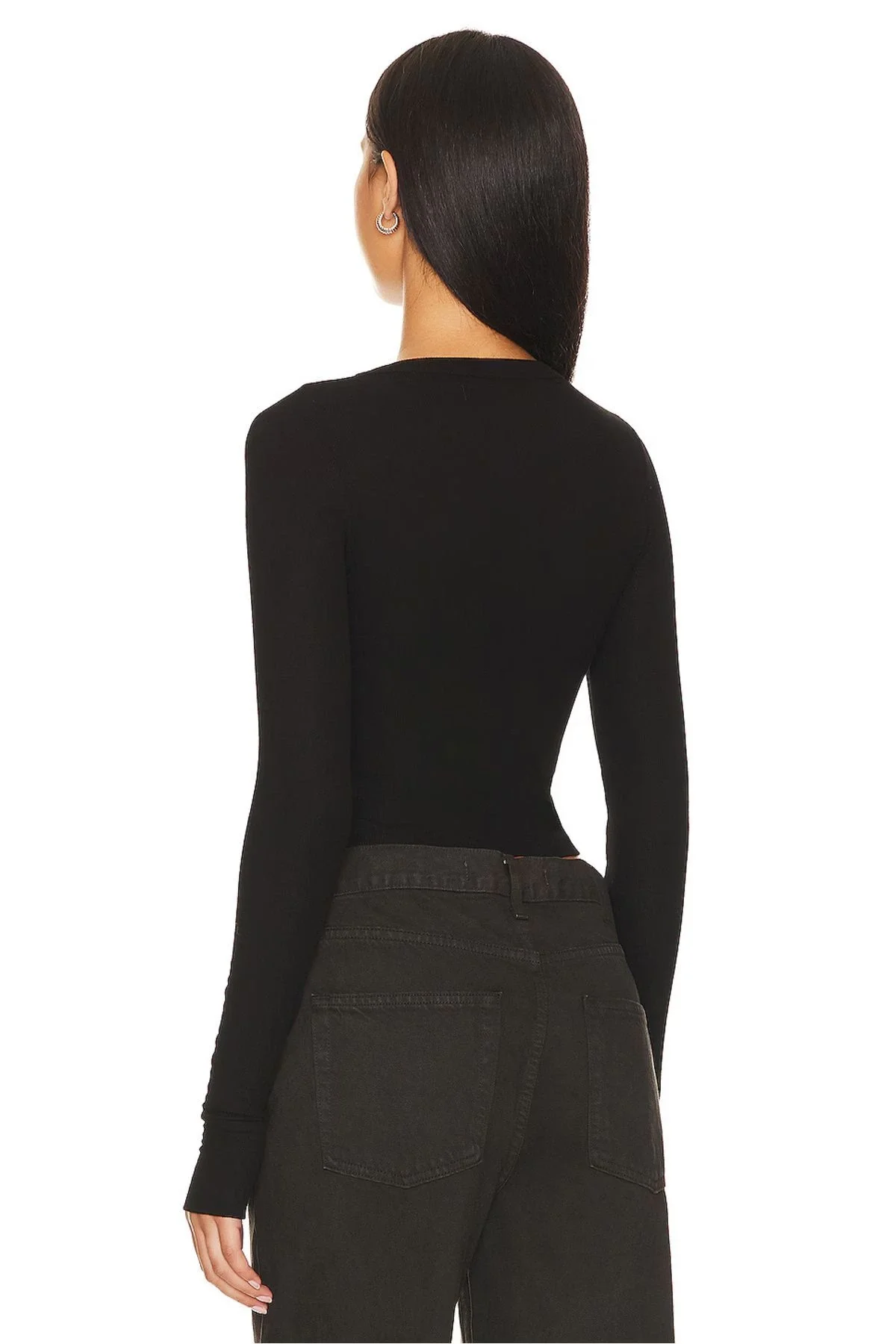 Kadın Siyah Pencere Dekolteli Uzun Kollu Parmak Geçmeli Sandy Kumaş Crop Bluz