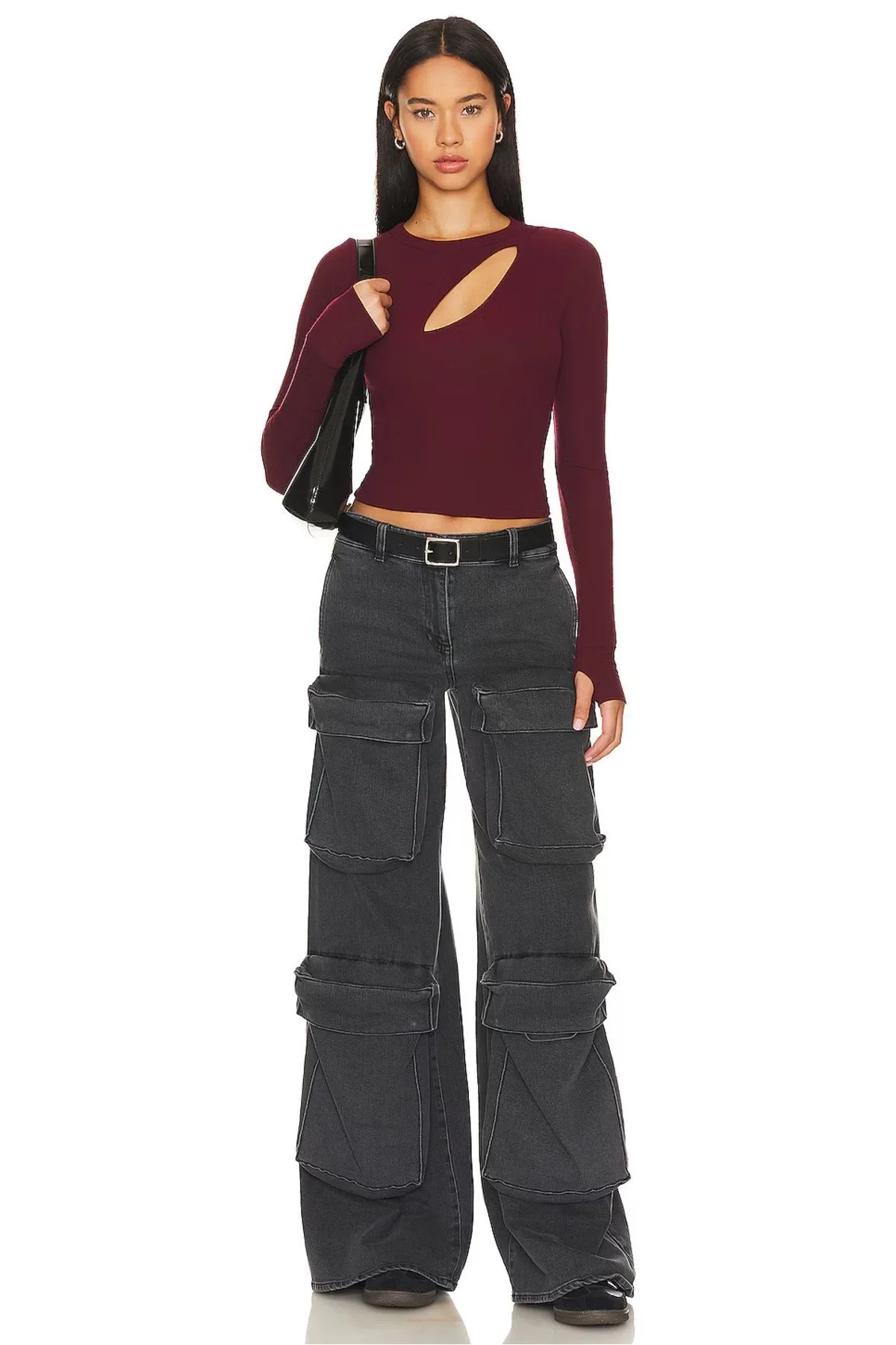 Kadın Bordo Pencere Dekolteli Uzun Kollu Parmak Geçmeli Sandy Kumaş Crop Bluz