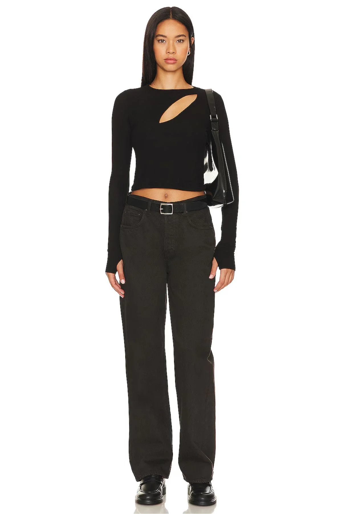 Kadın Siyah Pencere Dekolteli Uzun Kollu Parmak Geçmeli Sandy Kumaş Crop Bluz