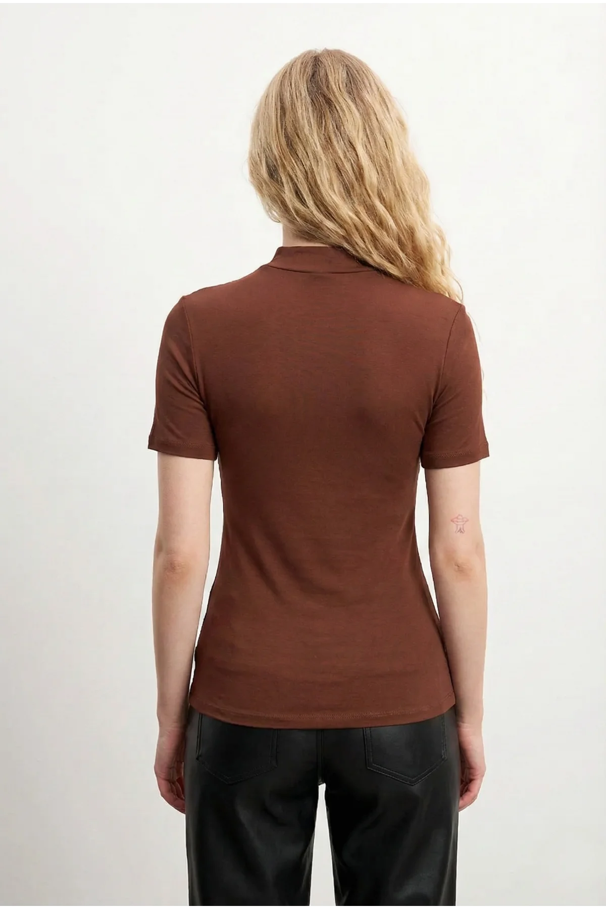 Kadın 2li Kahverengi Yarım Balıkçı Yaka Kısa Kollu Pamuklu Basic Bluz