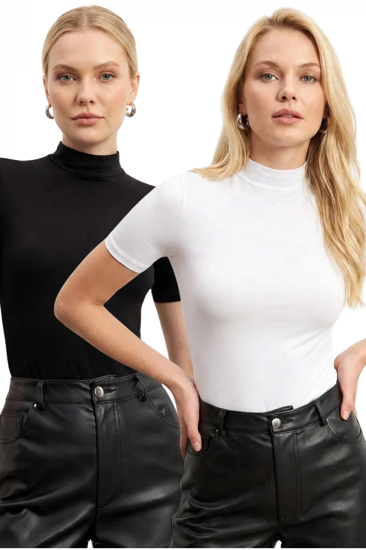Kadın 2li Siyah Beyaz Yarım Balıkçı Yaka Kısa Kollu Esnek Pamuklu Basic Bluz