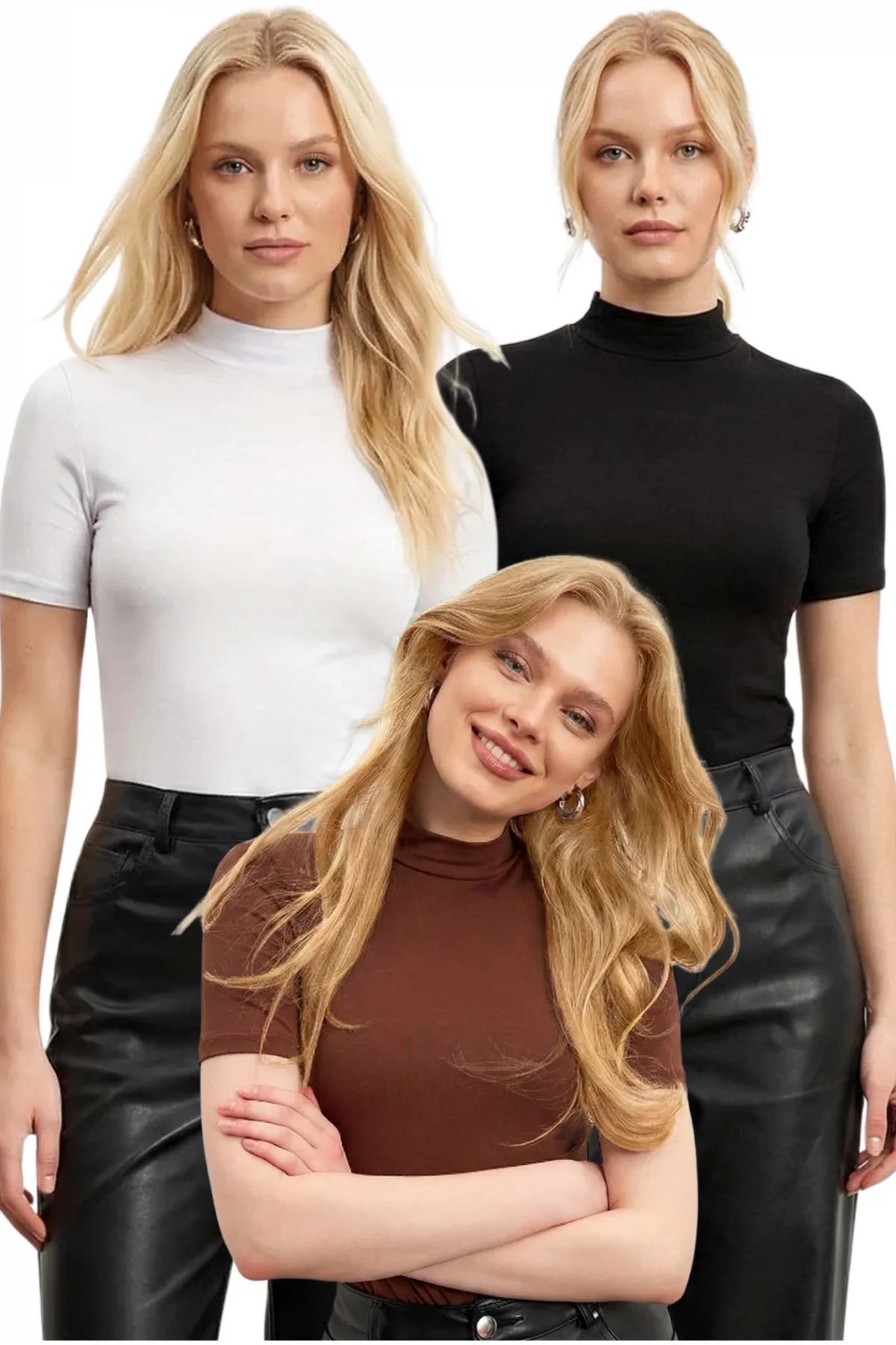 Kadın 3lü Siyah Beyaz Kahve Yarım Balıkçı Yaka Kısa Kollu Pamuklu Bluz