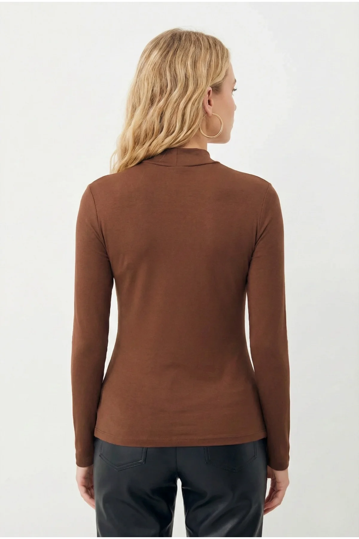 Kadın Acı Kahve Balıkçı Yaka Parmak Geçmeli Pamuklu Body Bluz