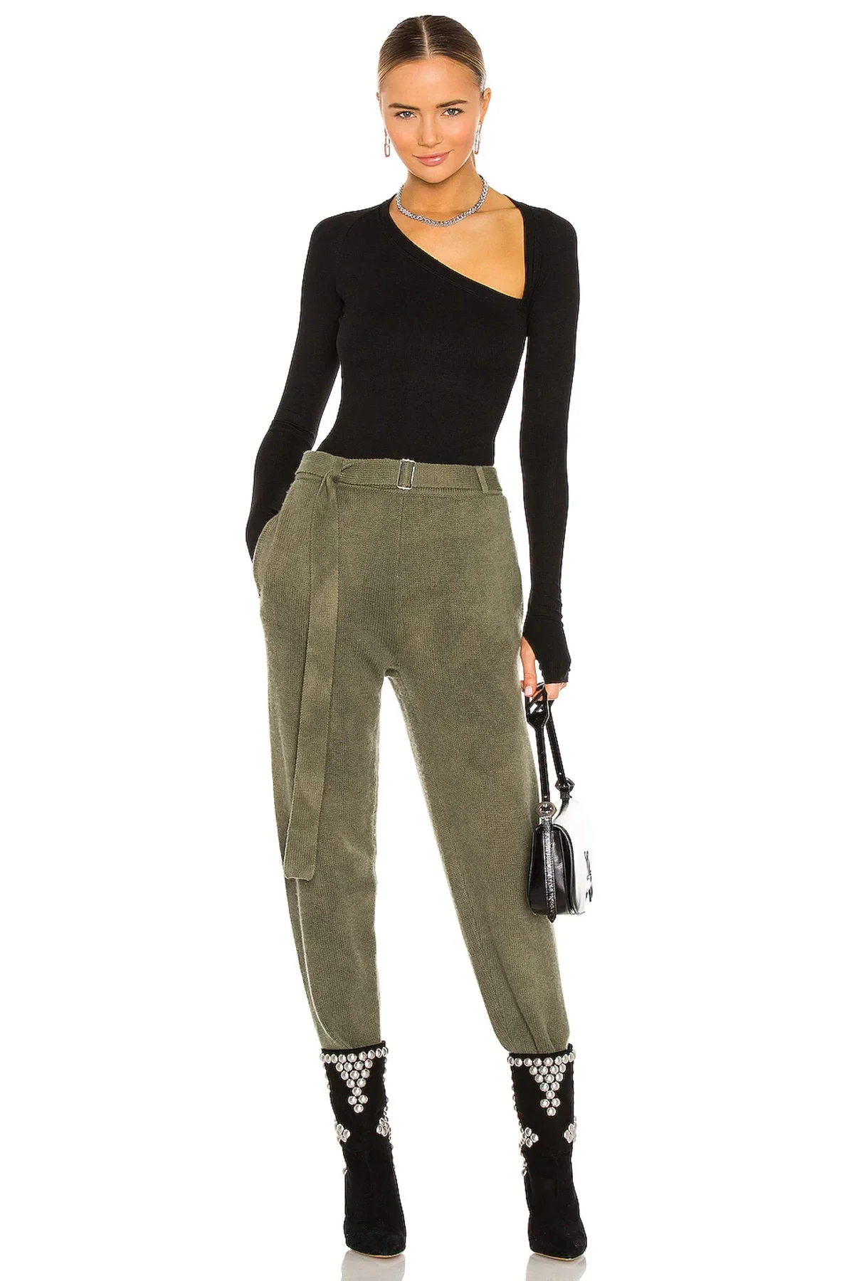 Kadın Siyah Asimetrik Yaka Uzun Kollu Çift Katlı Sandy Kumaş Tanga Bodysuit