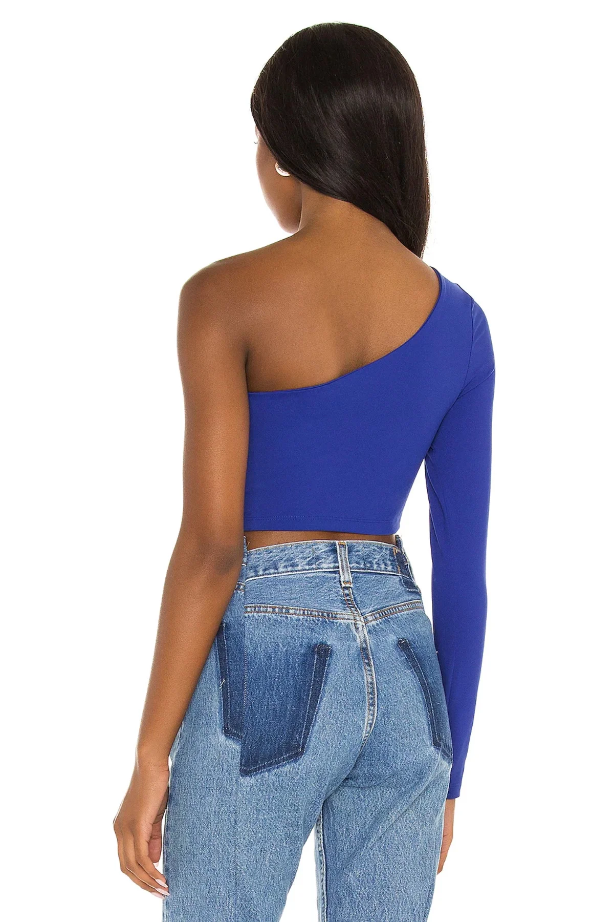 Kadın Saks Mavisi Tek Omuz Asimetrik Yaka Uzun Kollu Jarse Kumaş Crop Bluz