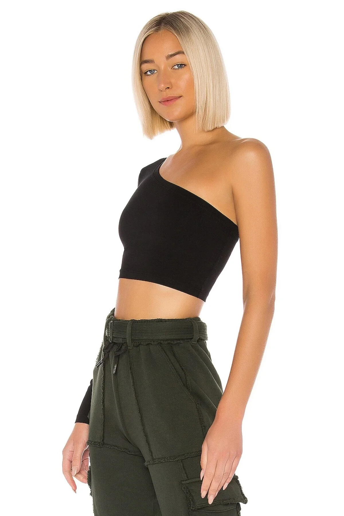 Kadın Siyah Tek Omuz Asimetrik Yaka Uzun Kollu Jarse Kumaş Crop Bluz