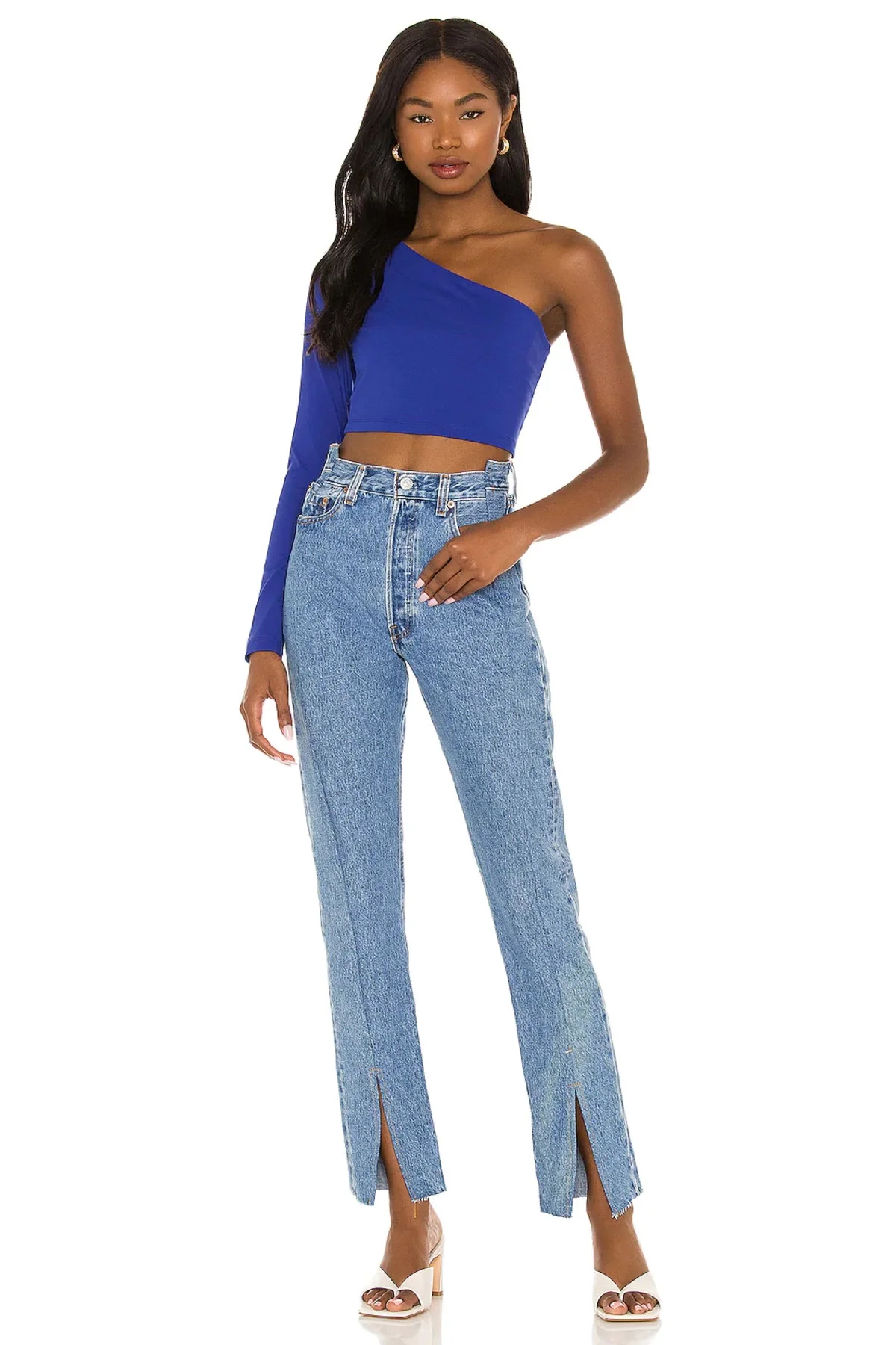 Kadın Saks Mavisi Tek Omuz Asimetrik Yaka Uzun Kollu Jarse Kumaş Crop Bluz