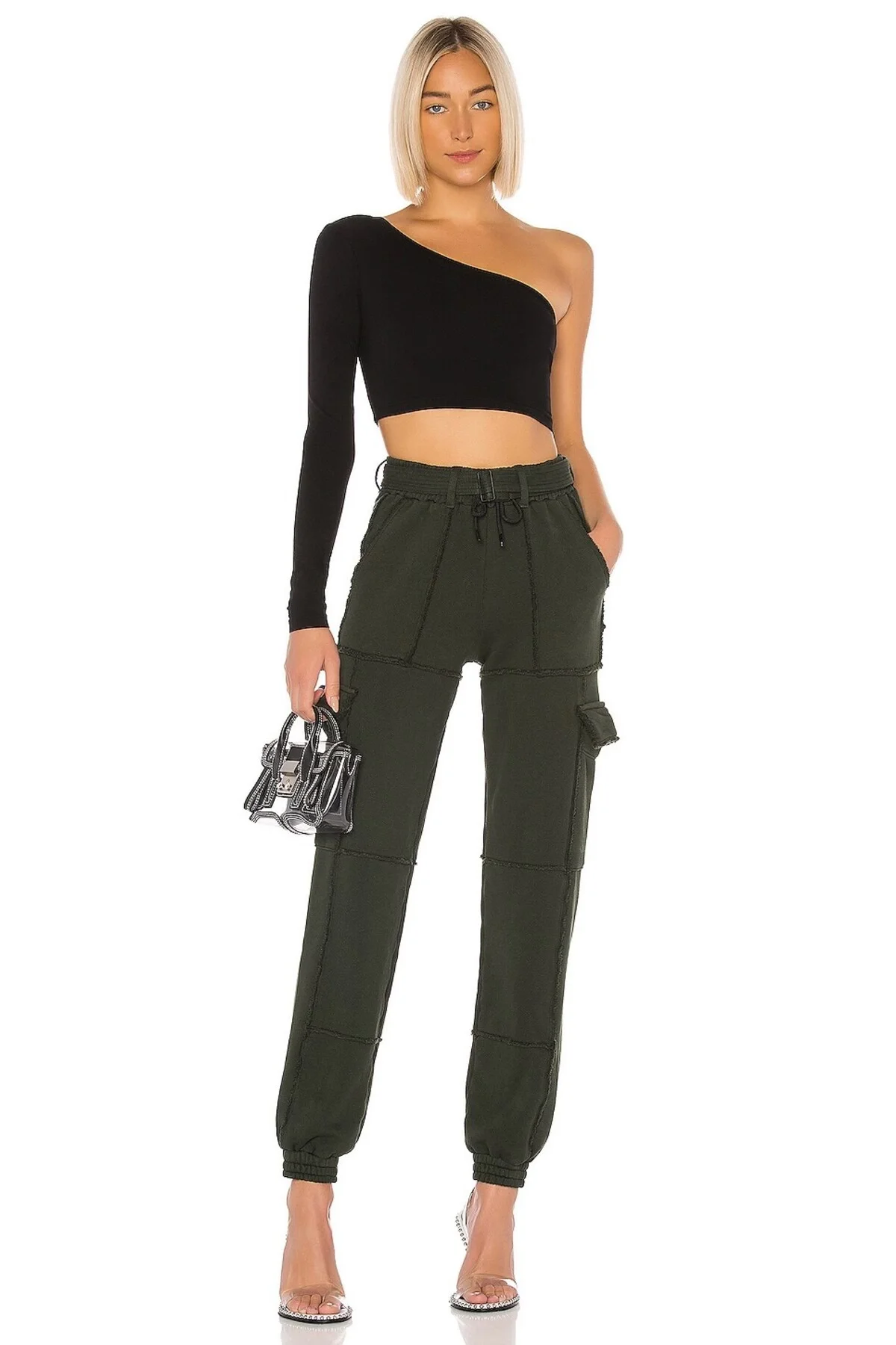 Kadın Siyah Tek Omuz Asimetrik Yaka Uzun Kollu Jarse Kumaş Crop Bluz