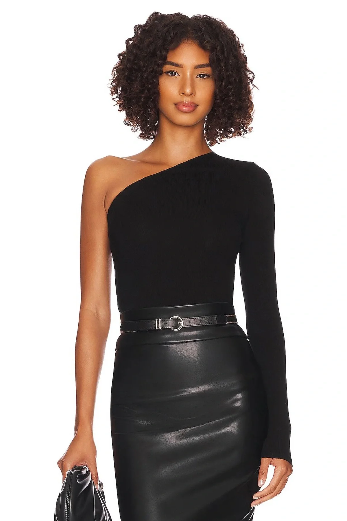 Kadın Siyah Tek Omuz Uzun Kollu Asimetrik Kesim Esnek Kaşkorse Bluz