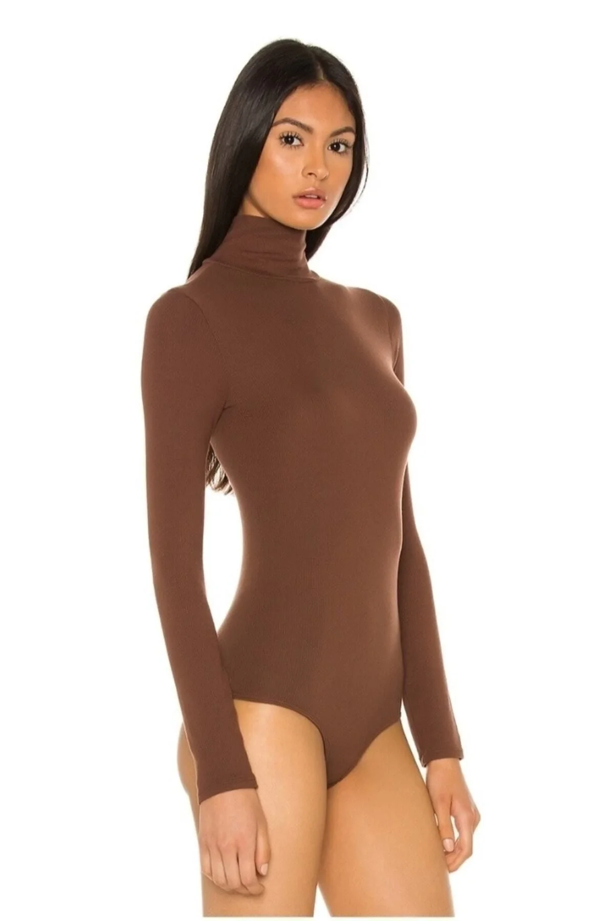 Kadın Kahverengi Balıkçı Yaka Uzun Kollu Çift Katlı Sandy Kumaş Çıtçıtlı Bodysuit