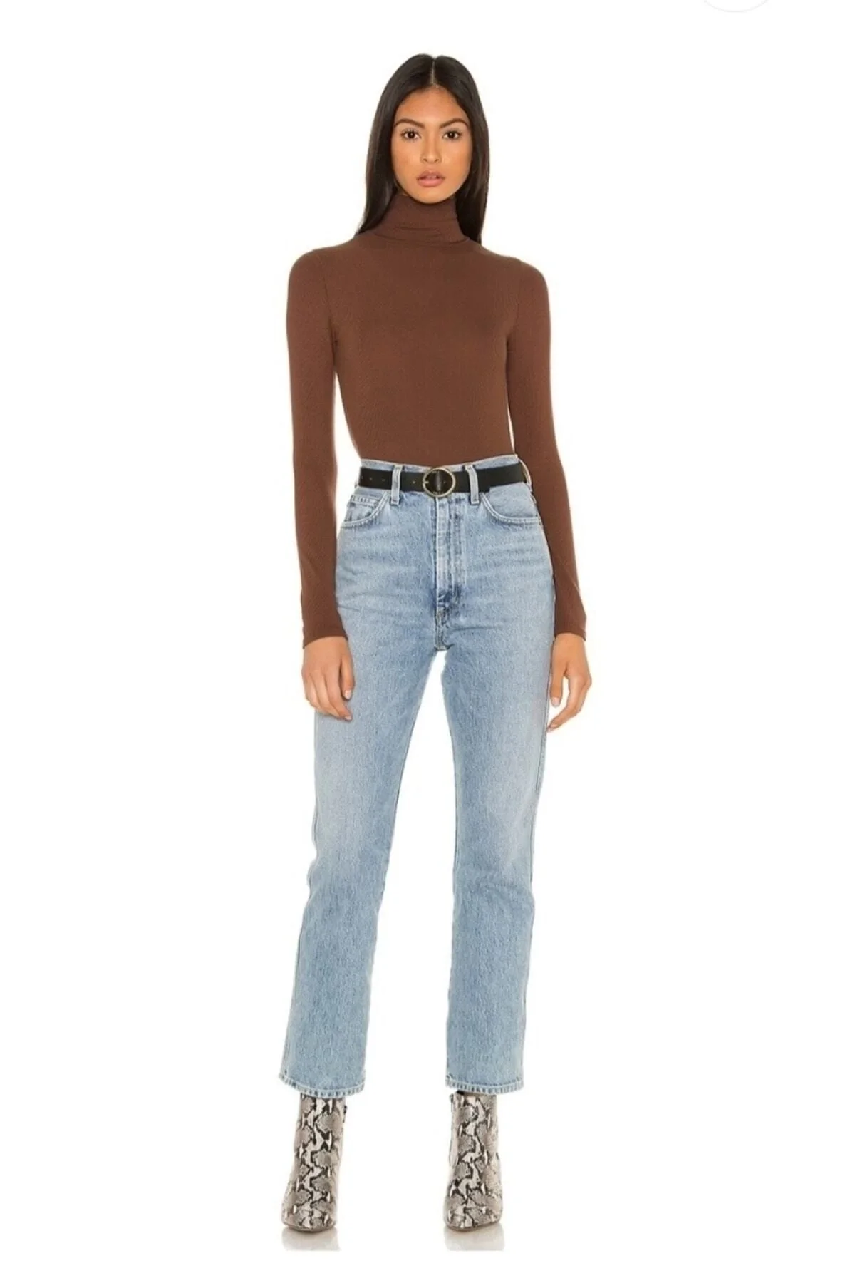 Kadın Kahverengi Balıkçı Yaka Uzun Kollu Çift Katlı Sandy Kumaş Çıtçıtlı Bodysuit