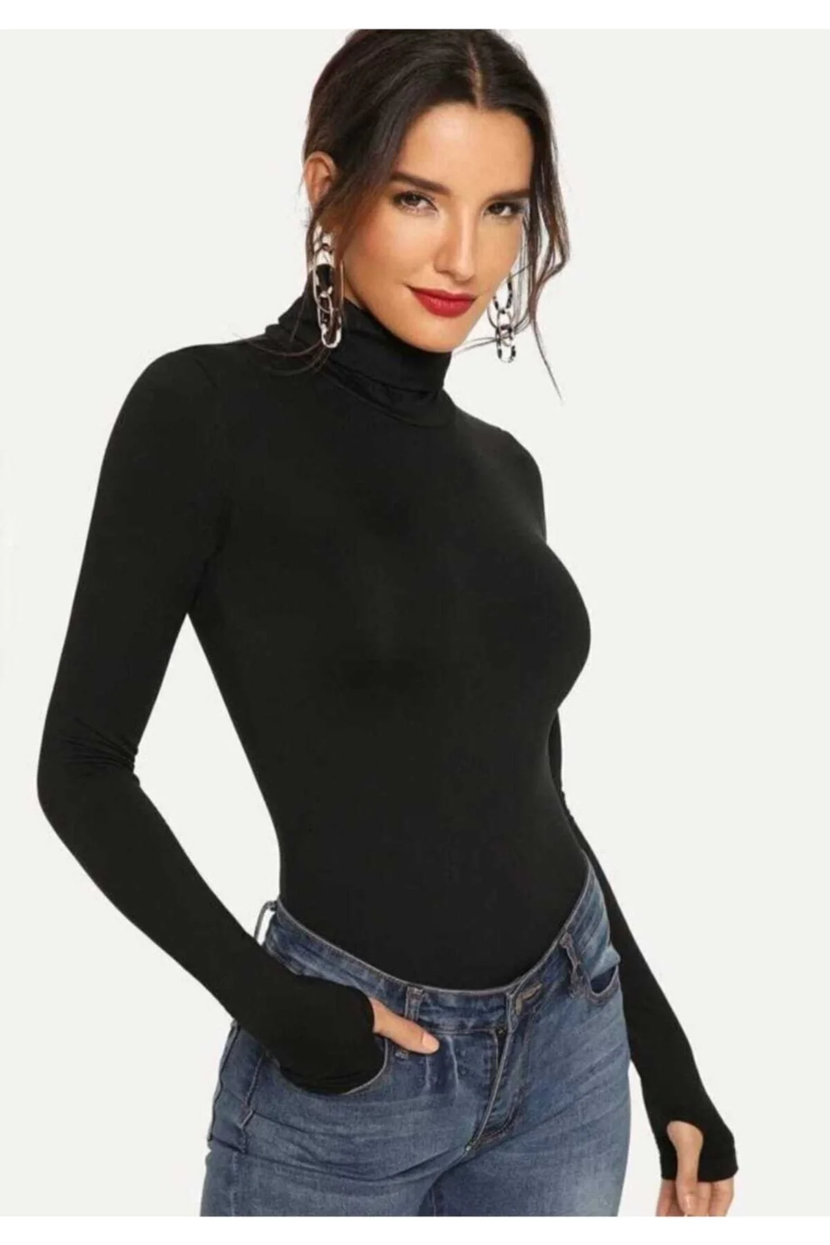 Kadın Siyah Çift Katlı Sandy Balıkçı Yaka Parmak Geçirmeli Çıtçıtlı Tanga Bodysuit