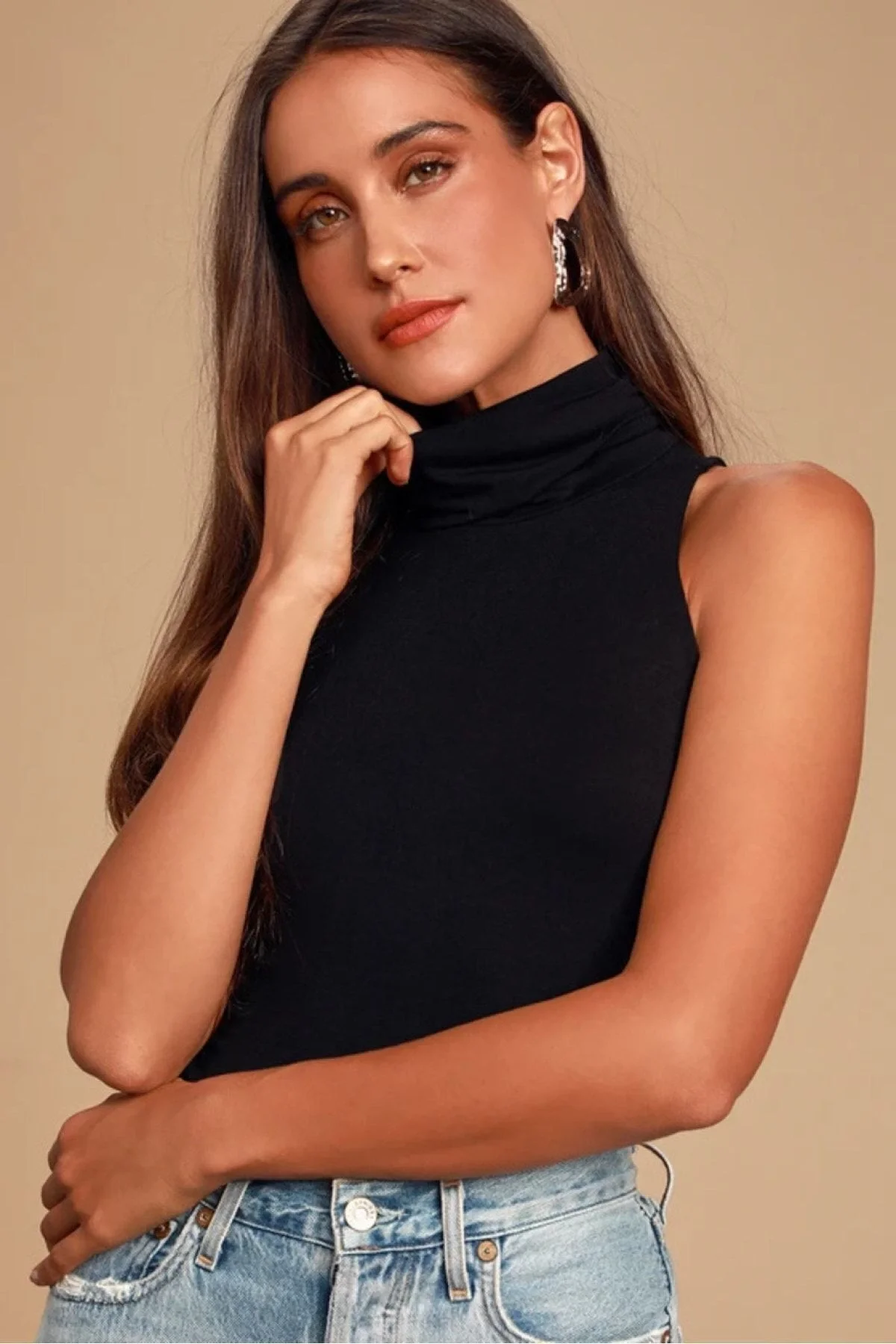 Kadın Siyah Balıkçı Yaka Kolsuz Sandy Kumaş Çift Katlı Basic Top