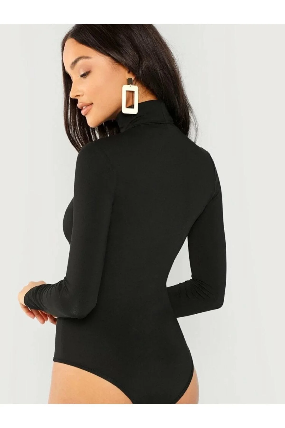 Kadın Siyah Balıkçı Yaka Uzun Kollu Çift Katlı Sandy Kumaş Çıtçıtlı Bodysuit