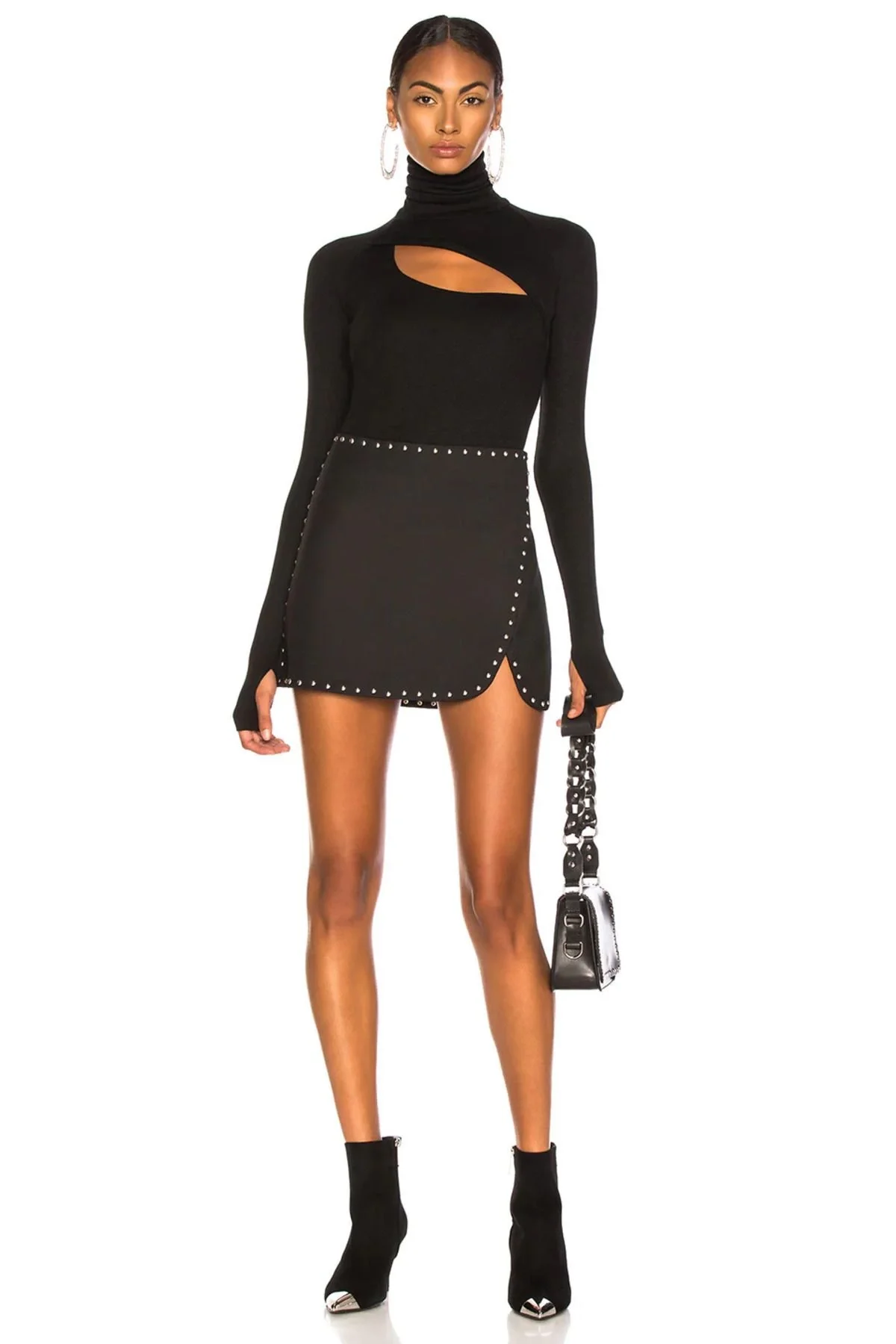 Kadın Siyah Pencere Dekolteli Balıkçı Yaka Uzun Kollu Tanga Kesim Bodysuit