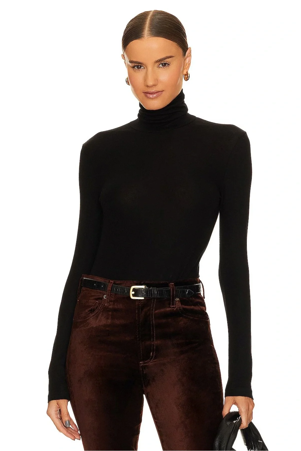 Kadın Siyah Çift Katlı Sandy Kumaş Balıkçı Yaka Uzun Kol Slim Fit Bluz