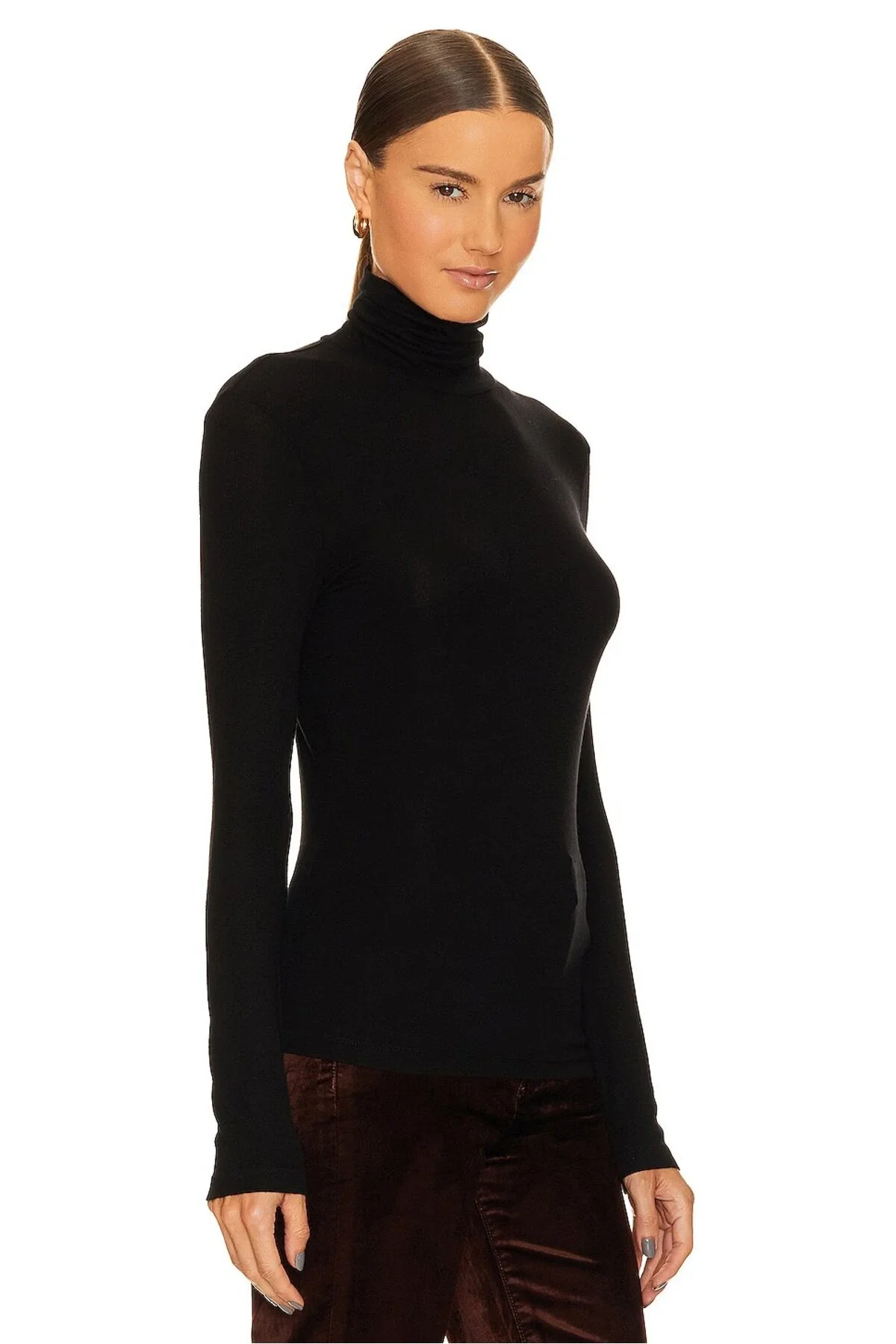 Kadın Siyah Çift Katlı Sandy Kumaş Balıkçı Yaka Uzun Kol Slim Fit Bluz