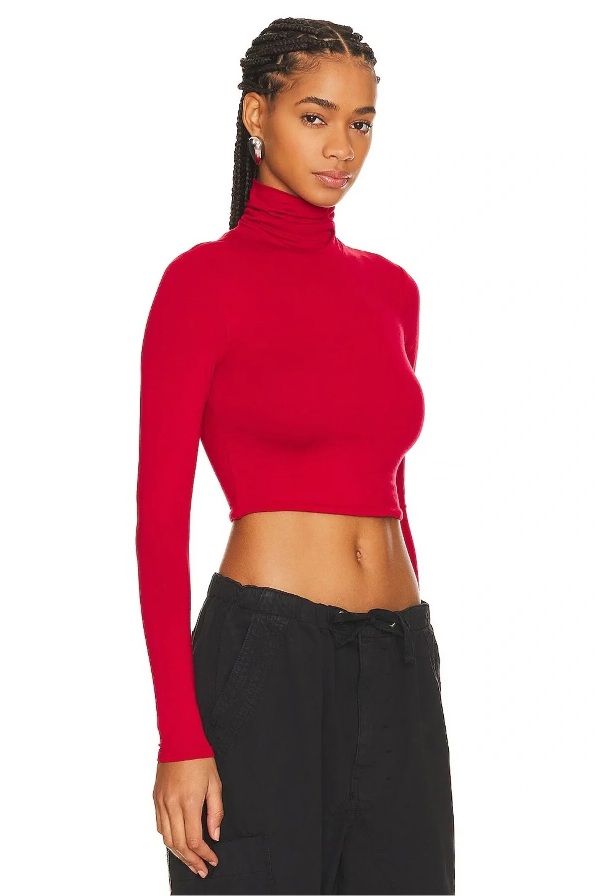 Kadın Balıkçı Yaka Uzun Kol Çift Kat İpek Jarse Crop Top