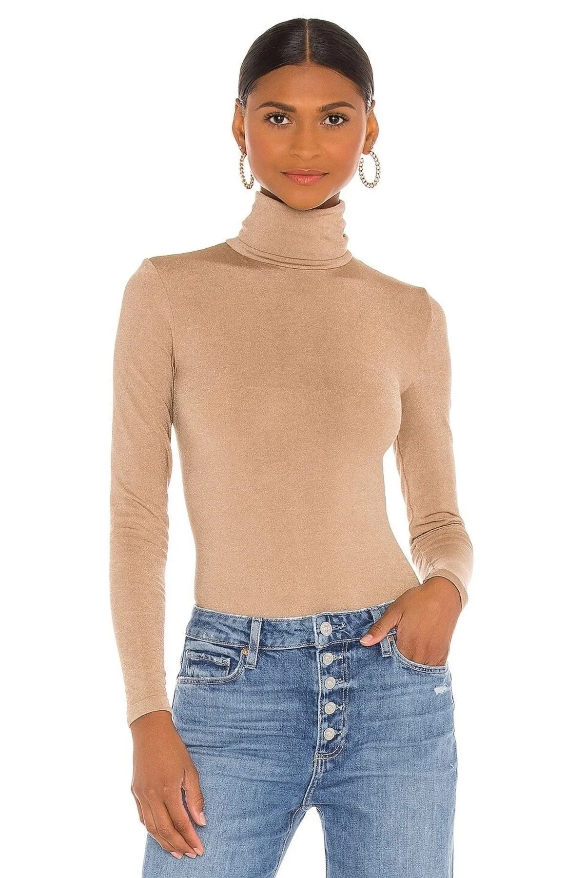 Kadın Bej Balıkçı Yaka Ipek Jarse Bodysuit