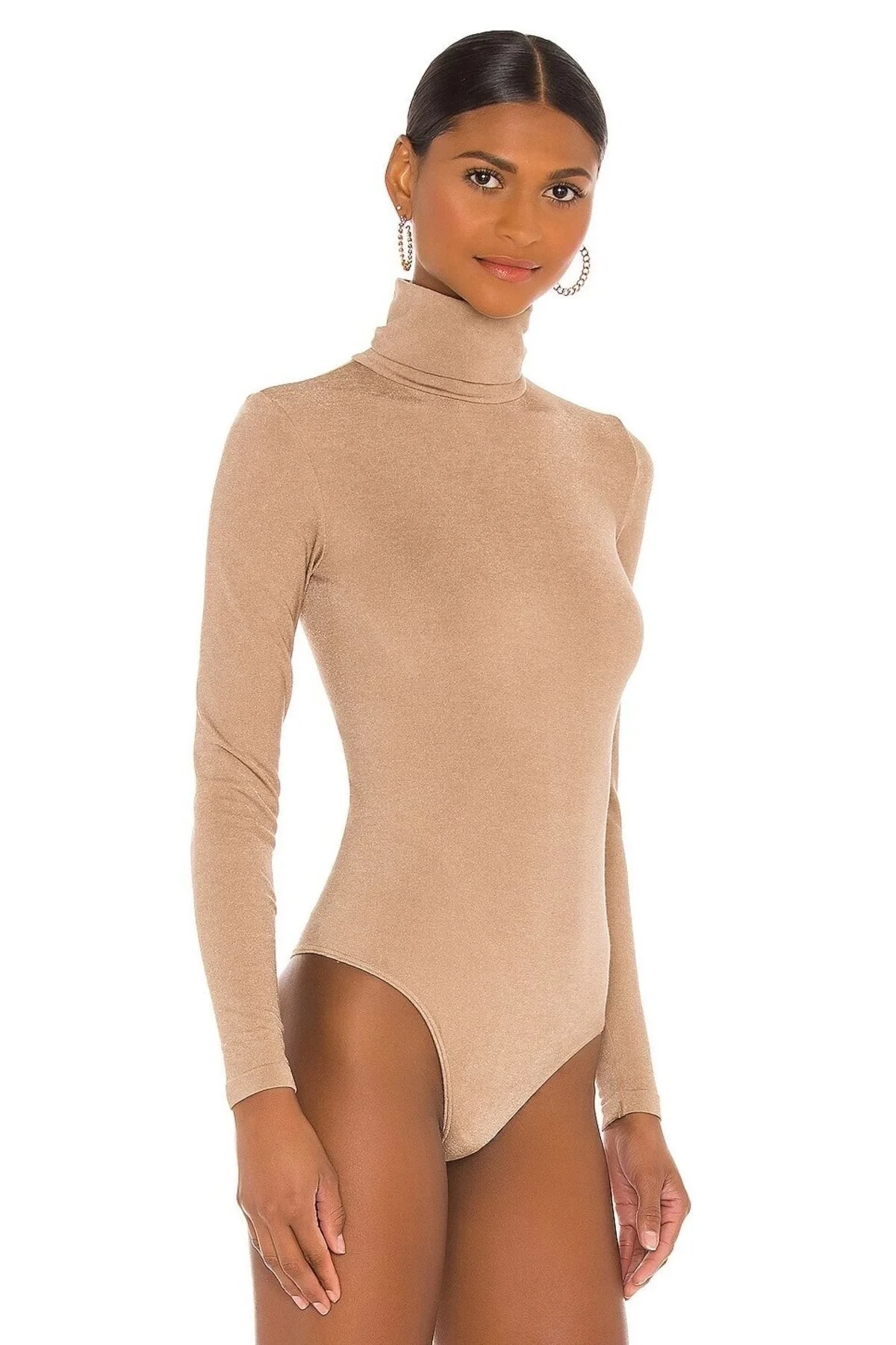 Kadın Bej Balıkçı Yaka Ipek Jarse Bodysuit