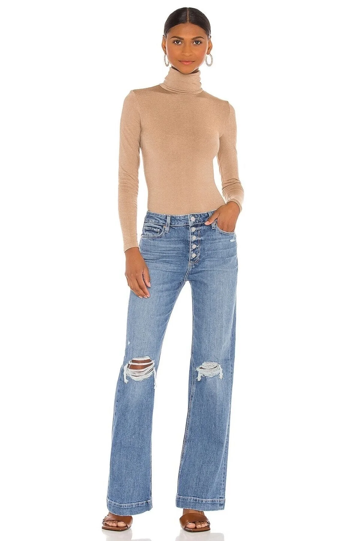 Kadın Bej Balıkçı Yaka Ipek Jarse Bodysuit