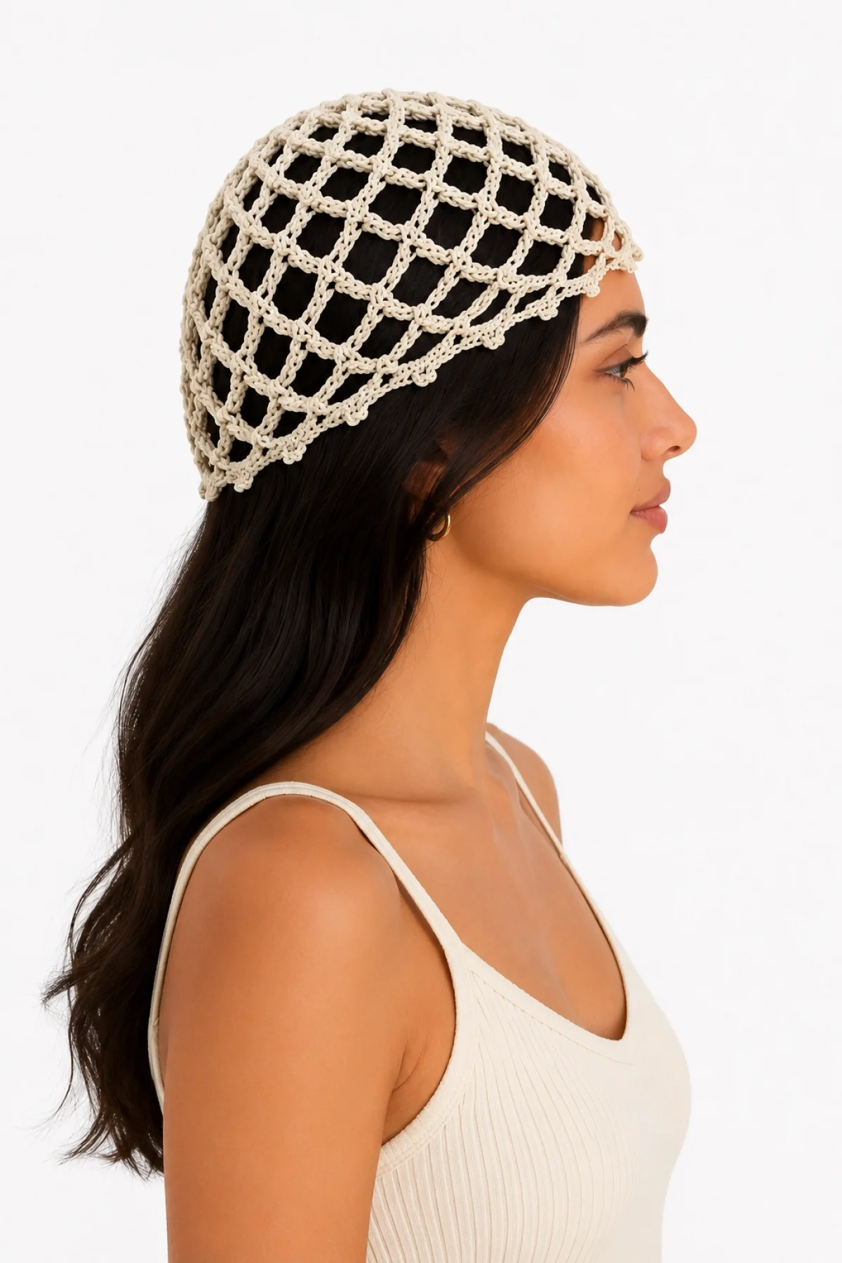 Kadın Bej File Örgü Bandana Yazlık Delikli Triko Saç Aksesuarı
