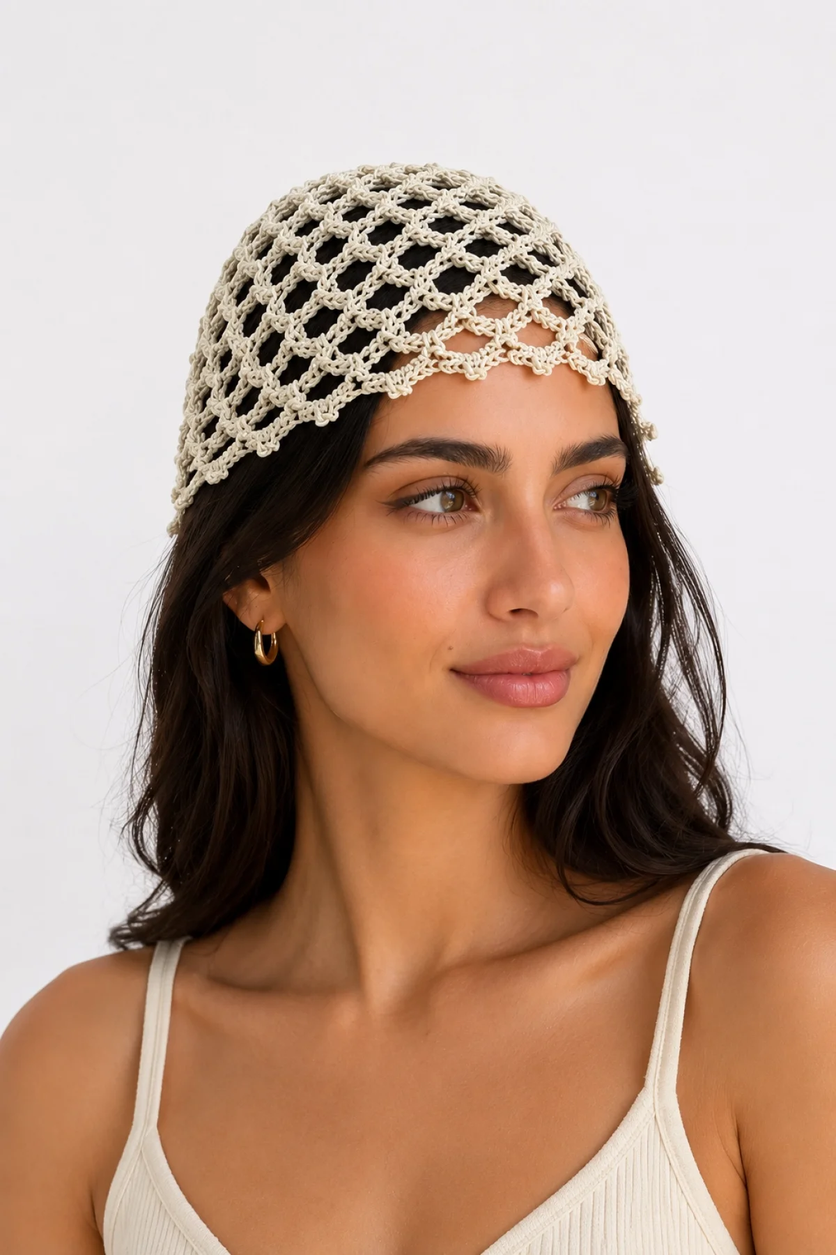 Kadın Bej File Örgü Bandana Yazlık Delikli Triko Saç Aksesuarı