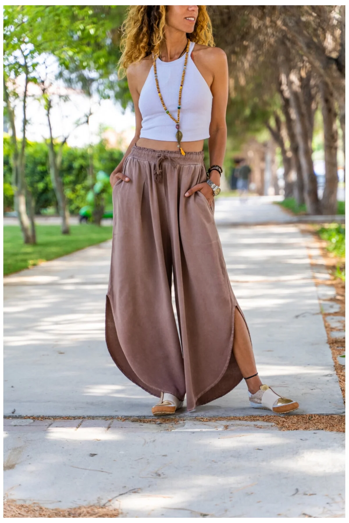 Kadın Bej Keten Yırtmaçlı Kruvaze Bohem Pinterest Geniş Paça Etek Pantolon