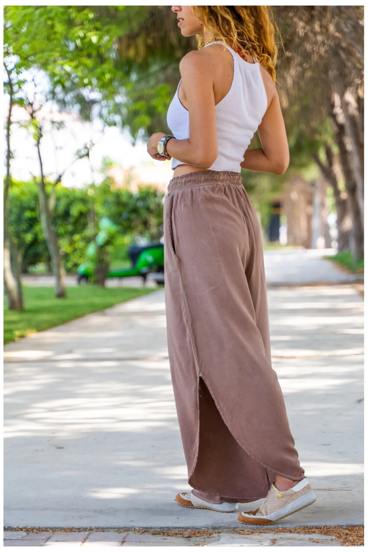Kadın Bej Keten Yırtmaçlı Kruvaze Bohem Pinterest Geniş Paça Etek Pantolon