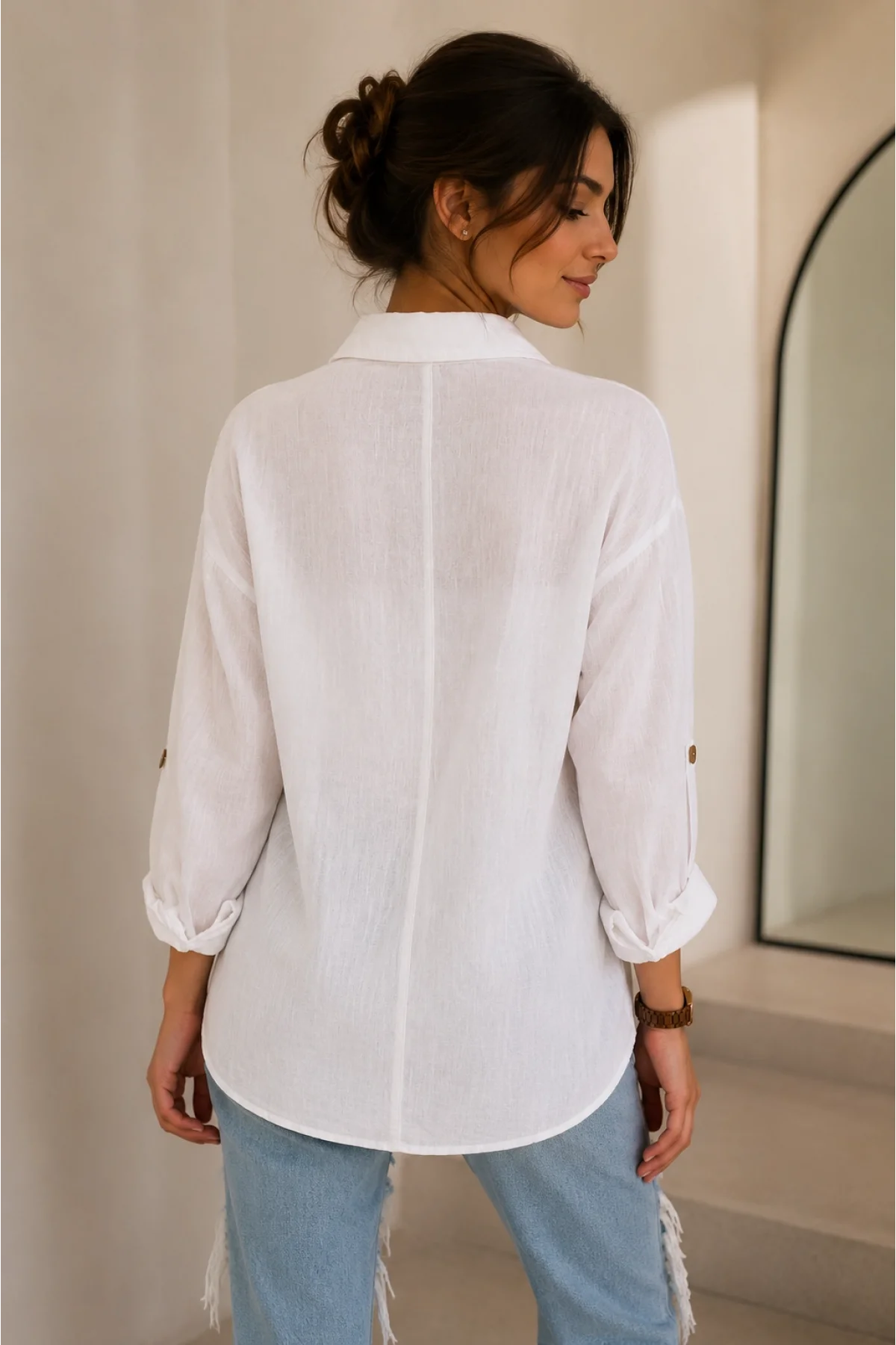 Kadın Beyaz Pamuklu Keten Çift Cepli Ahşap Düğme Pinterest Oversize Gömlek