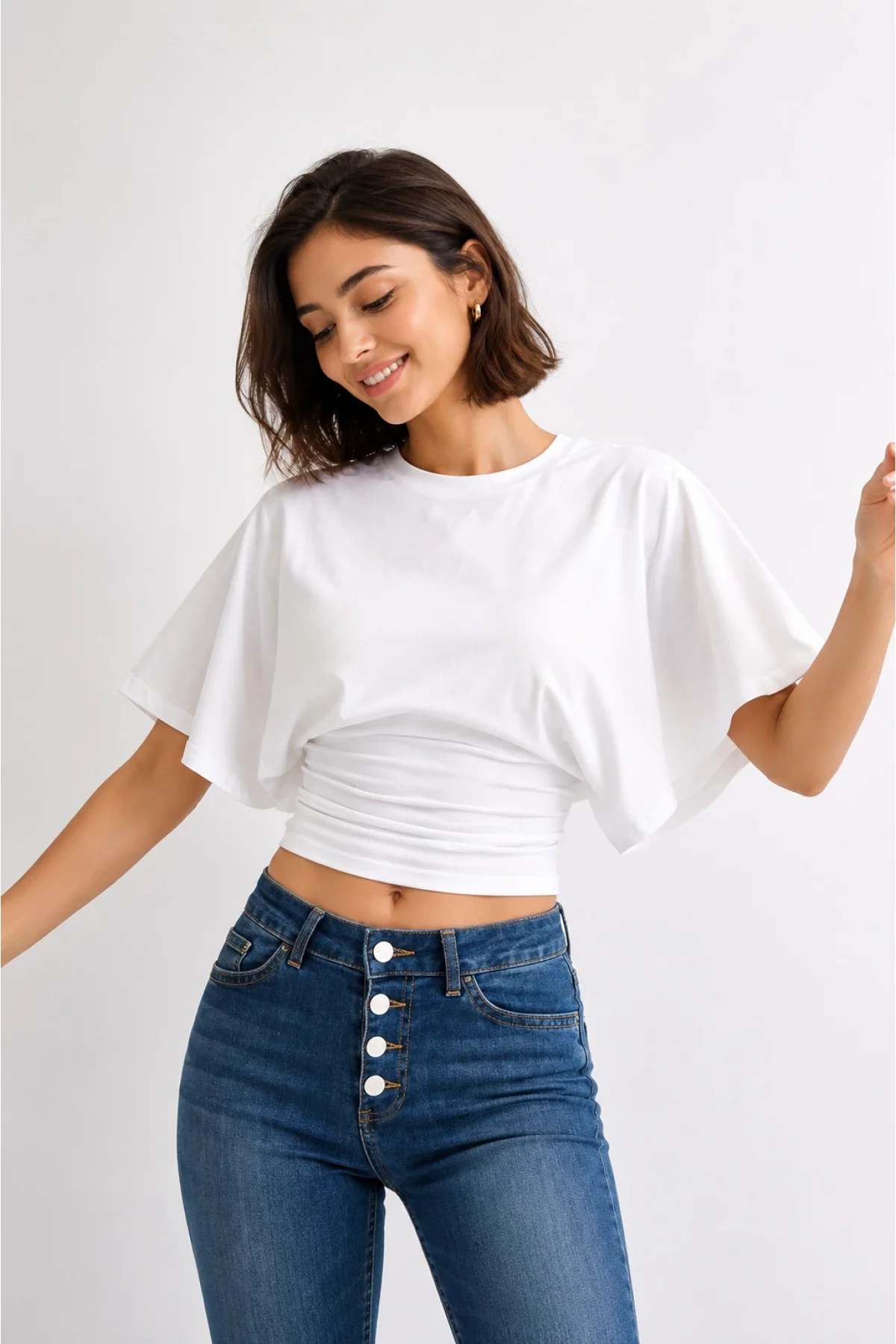 Kadın Beyaz Pamuklu Yarasa Kol Beli Oturtmalı Crop Bluz T-Shirt