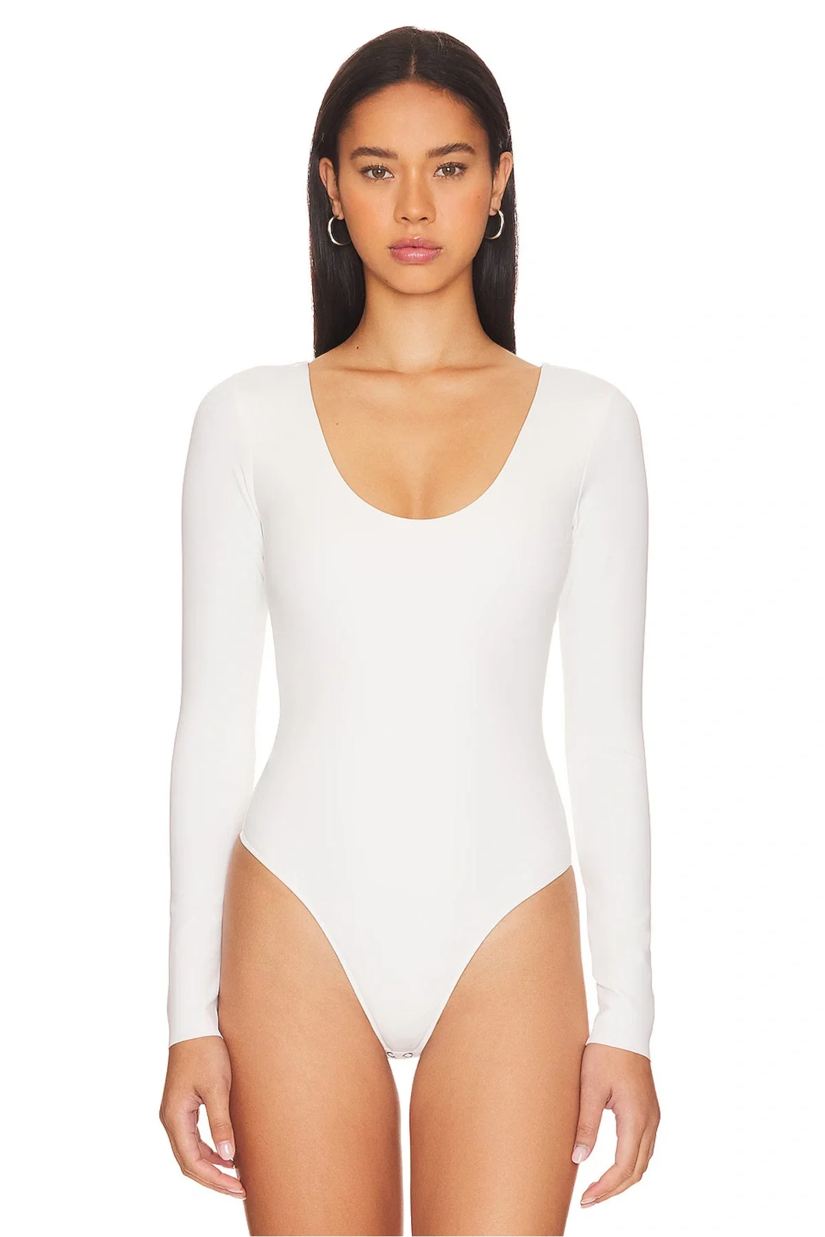 Kadın Beyaz Çift Katlı Sandy Kumaş U Yaka Uzun Kol Çıtçıtlı Tanga Bodysuit