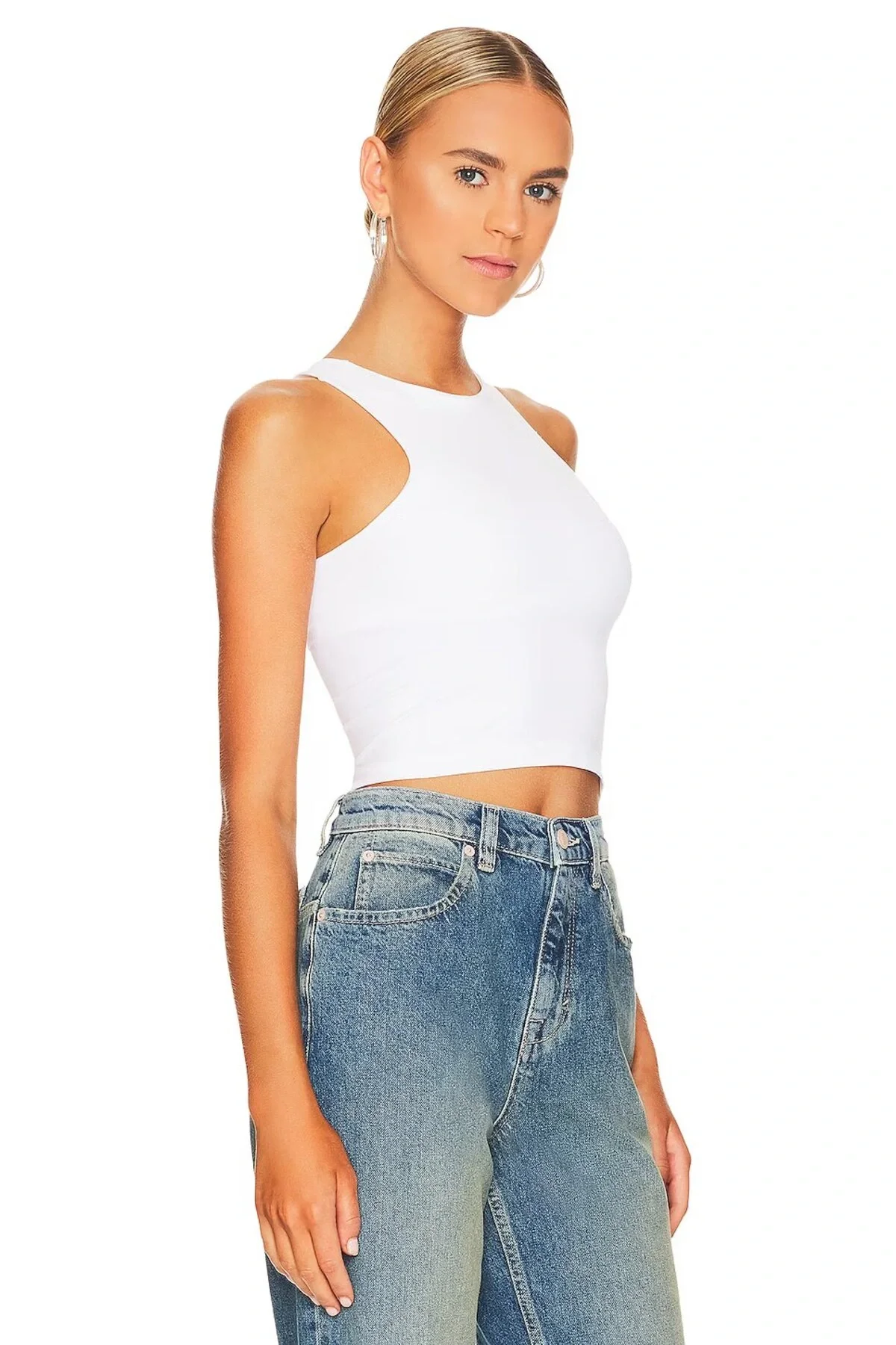 Kadın Beyaz Yüksek Halter Yaka Kolsuz Toparlayıcı Kaşkorse Crop Atlet