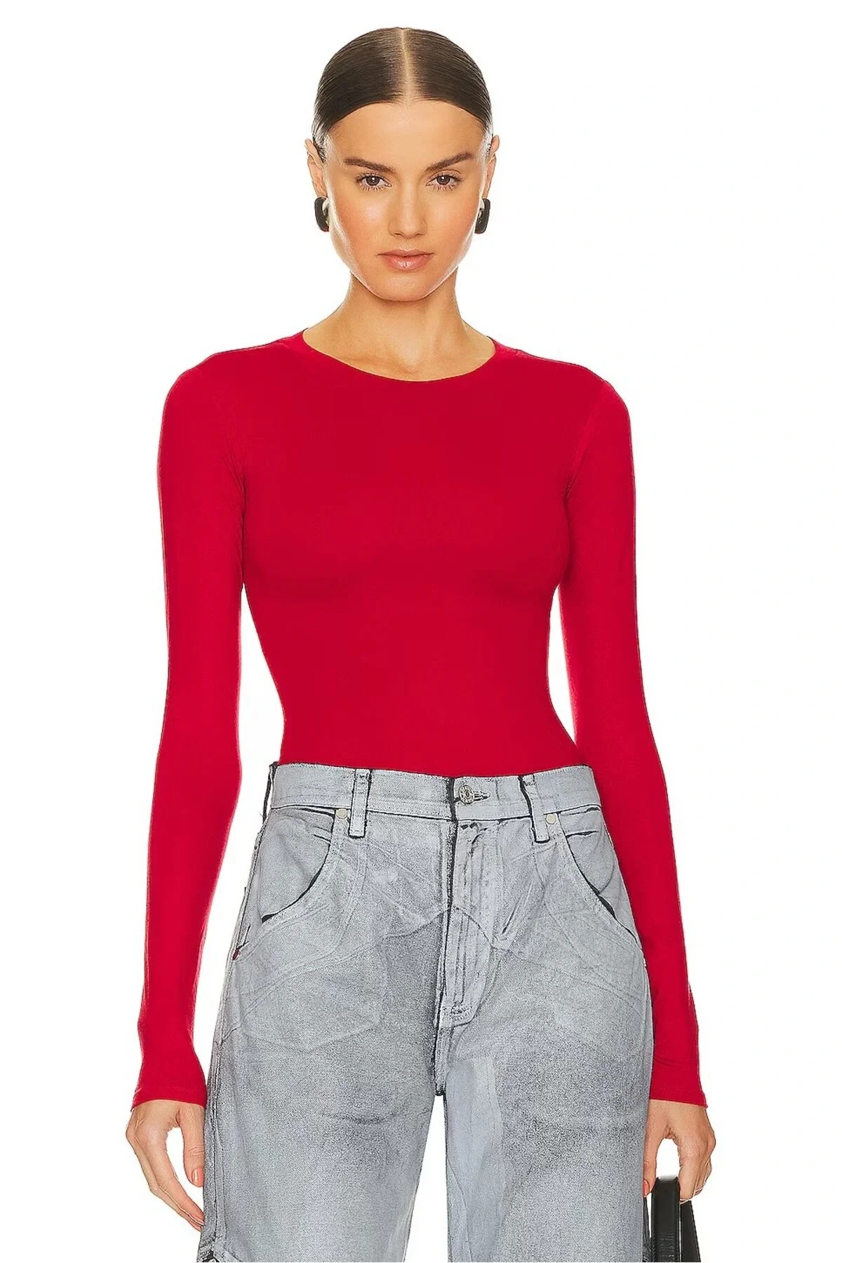 Kadın Kırmızı Kayık Yaka Uzun Kollu Çift Katlı Tanga Kesim Sandy Bodysuit