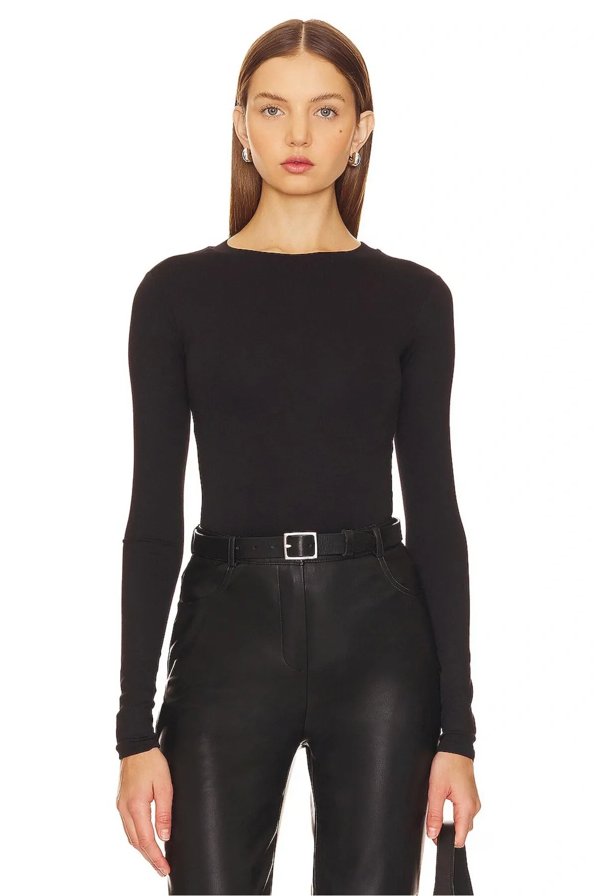 Kadın Siyah Kayık Yaka Uzun Kollu Çift Katlı Tanga Kesim Sandy Bodysuit